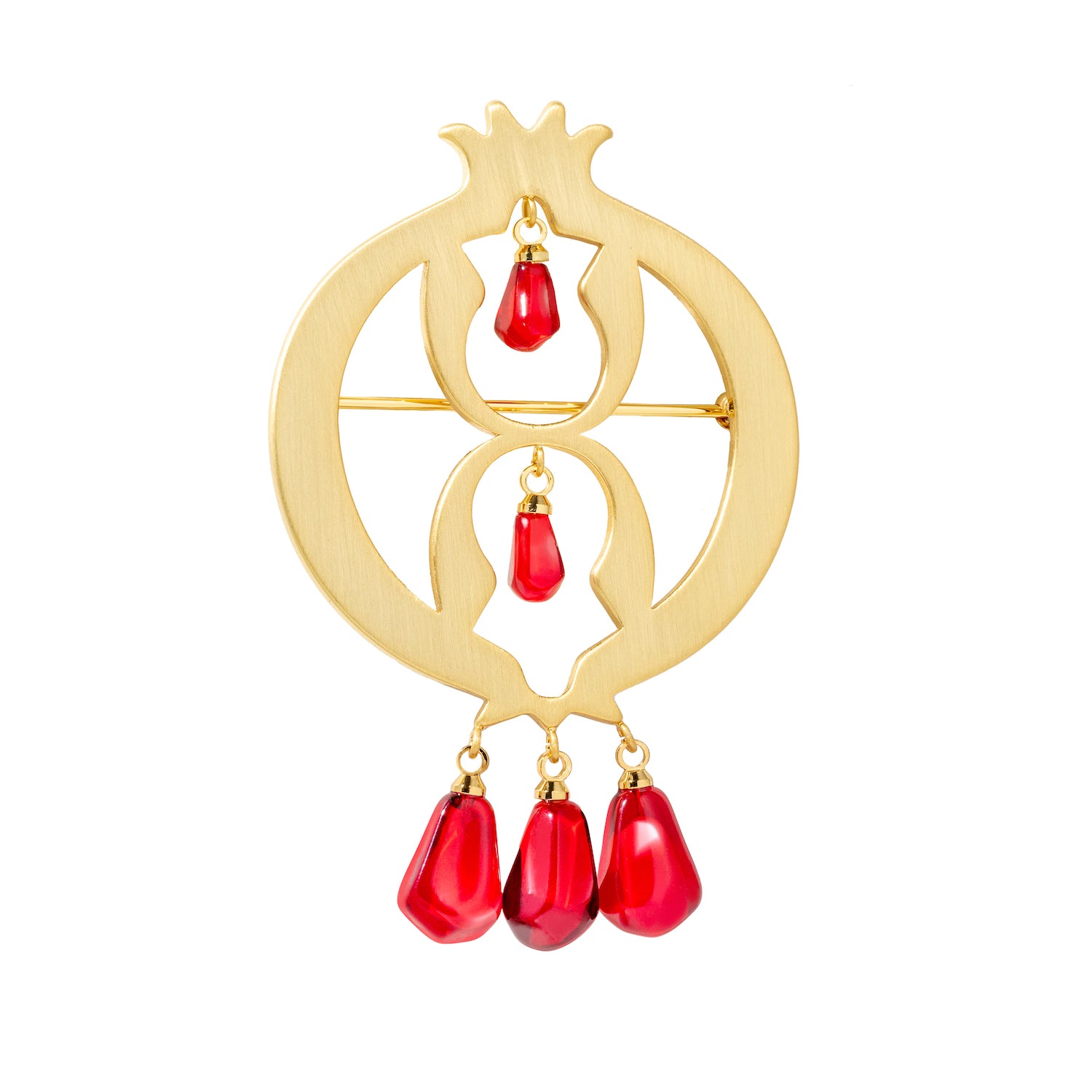 Golden Delight Pomegranate Brooch featuring gold plating and red seeds, showcasing intricate craftsmanship and elegant design.