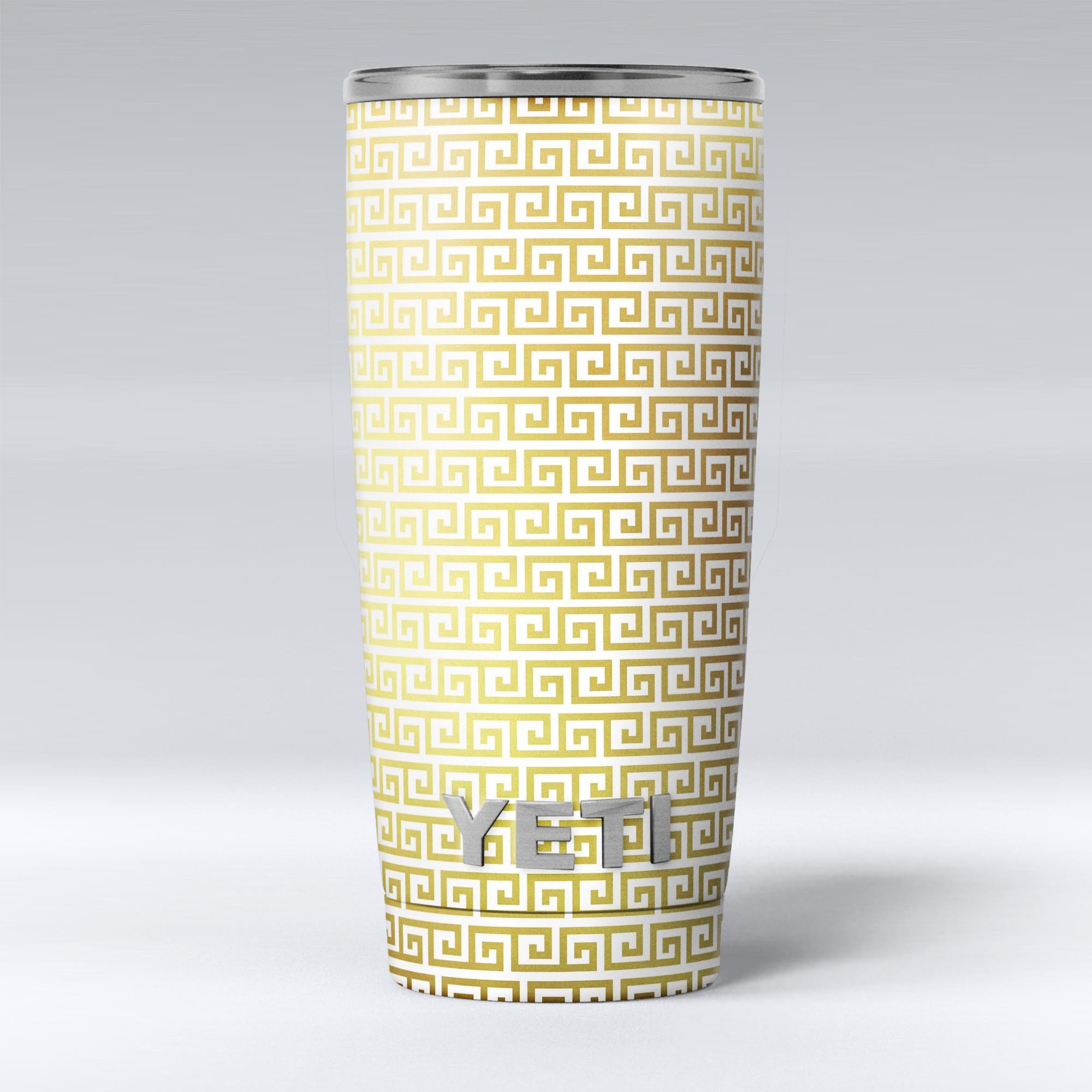 Golden Greek Pattern Skin Decal Vinyl Wrap Kit for Yeti Cooler, showcasing intricate design and premium quality.