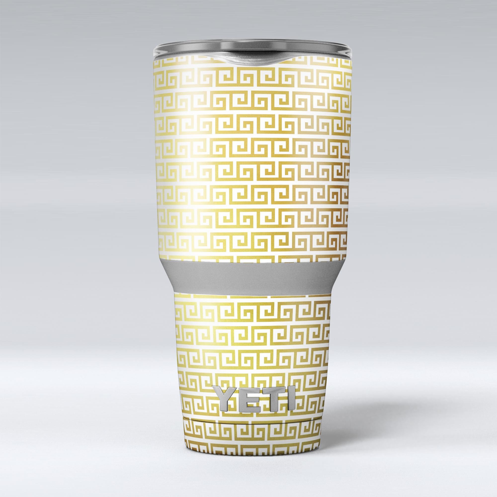 Golden Greek Pattern Skin Decal Vinyl Wrap Kit for Yeti Cooler, showcasing intricate design and premium quality.