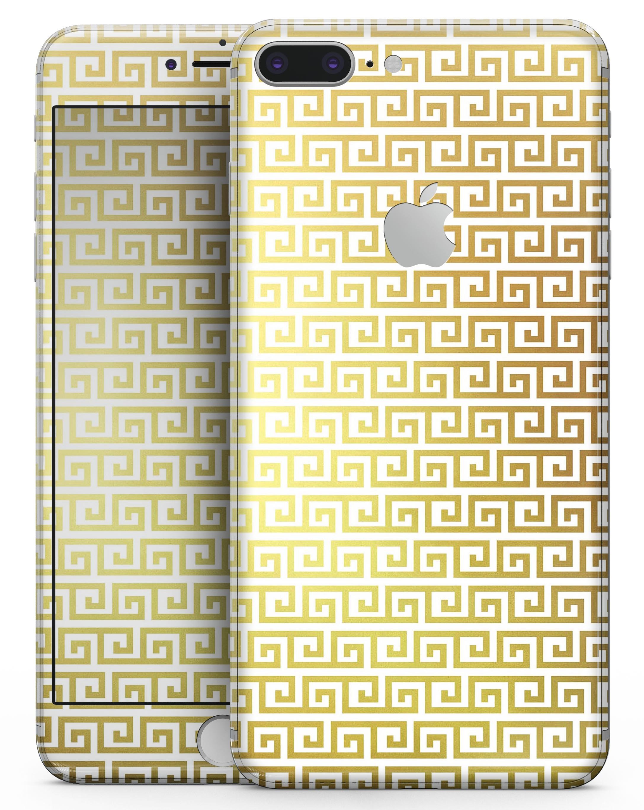 Golden Greek Pattern Skin-Kit for iPhone 8 and 8 Plus, showcasing a stylish design with premium vinyl finish.