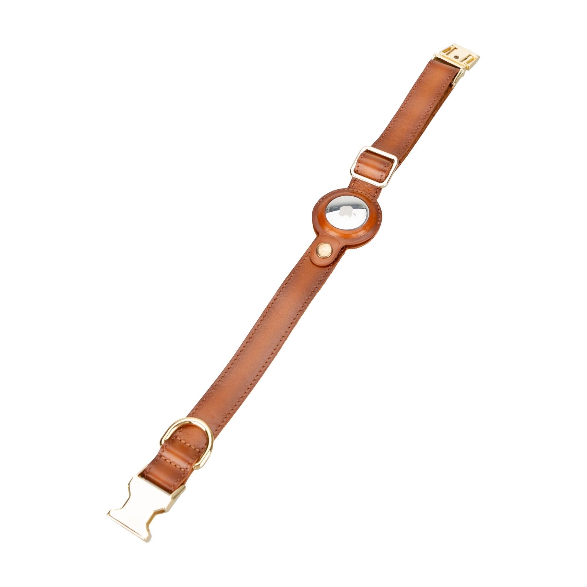 Golden leather dog collar featuring an Apple AirTag slot, crafted from soft cow leather with brass hardware.