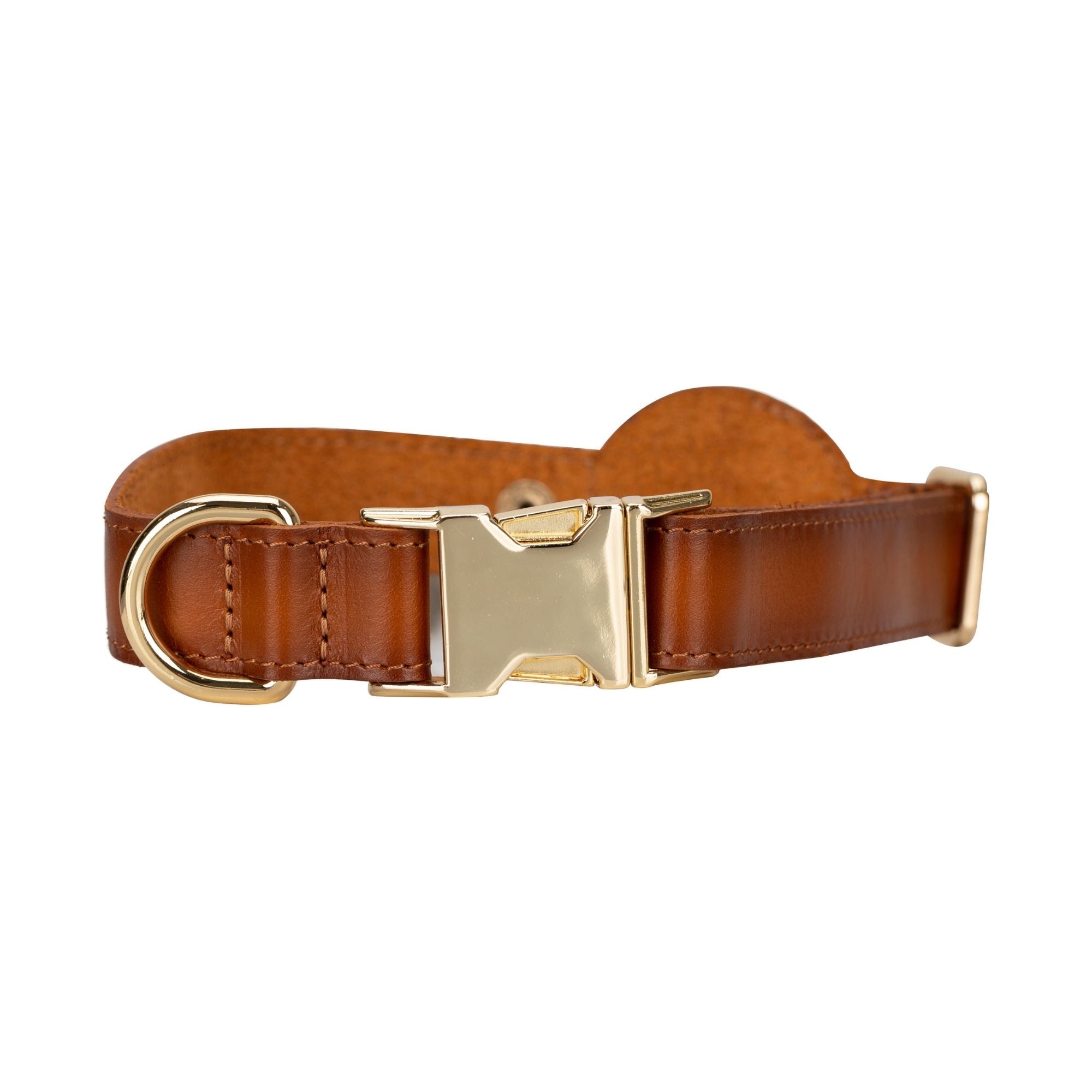 Golden leather dog collar featuring an Apple AirTag slot, crafted from soft cow leather with brass hardware.