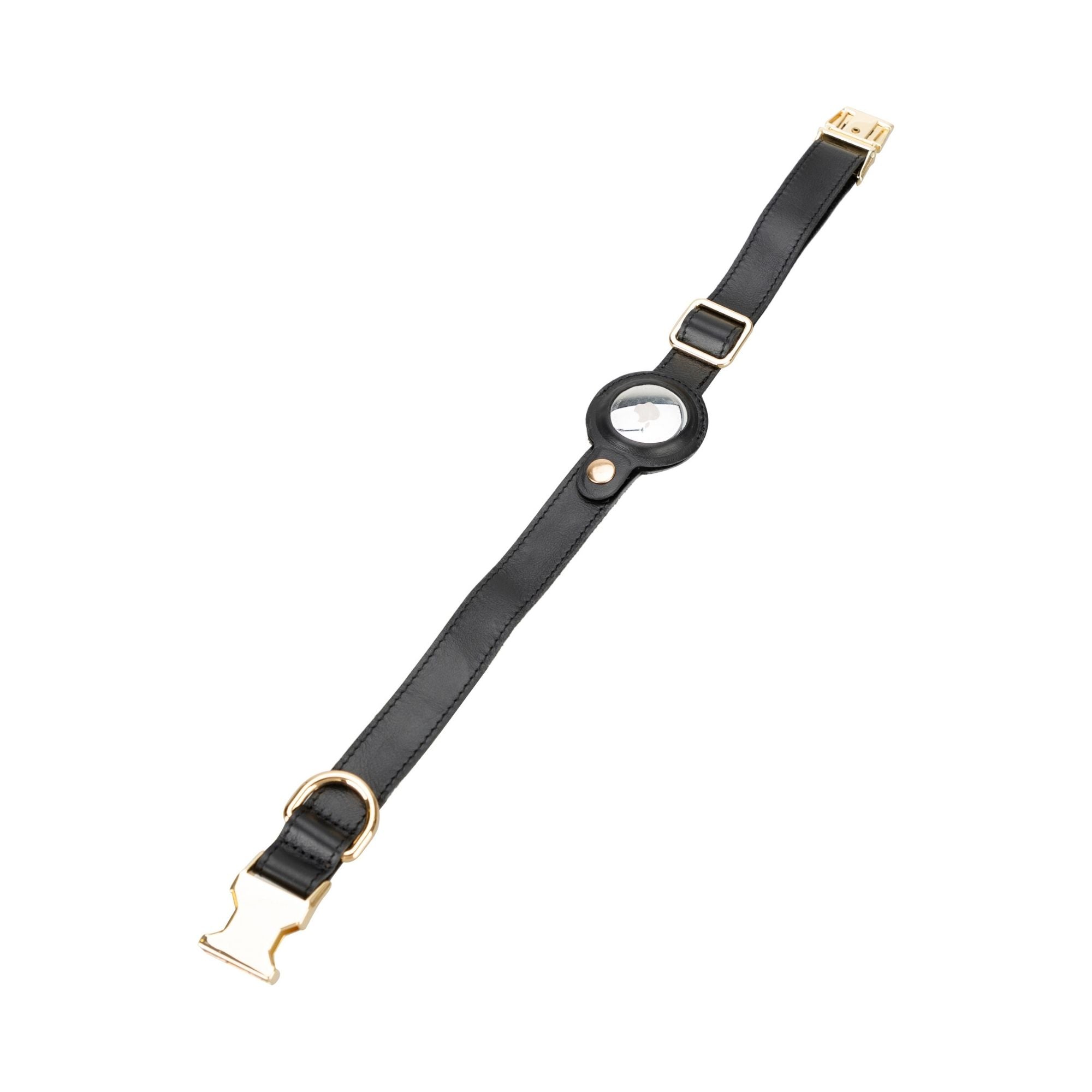 Golden leather dog collar featuring an Apple AirTag slot, crafted from soft cow leather with brass hardware.