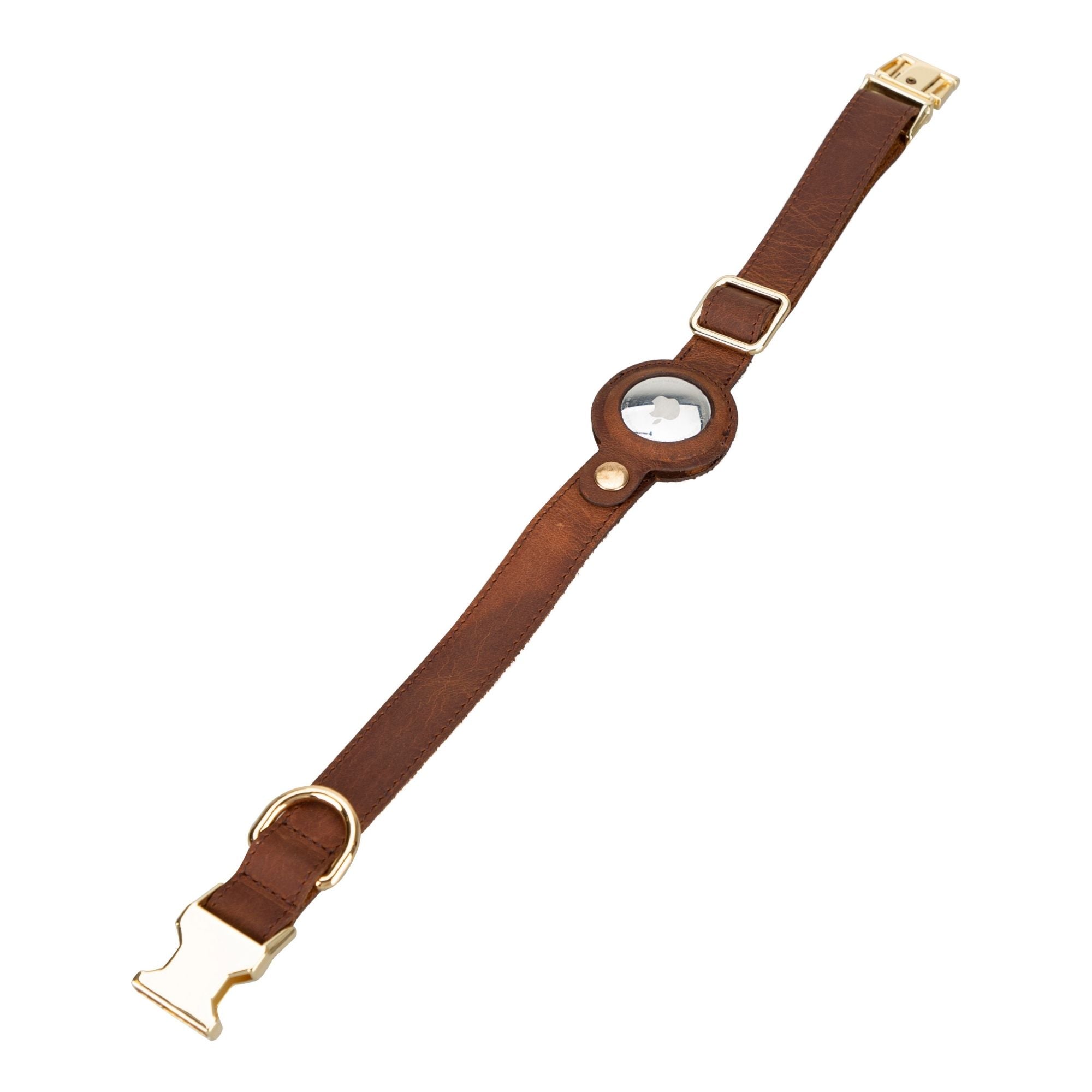 Golden leather dog collar featuring an Apple AirTag slot, crafted from soft cow leather with brass hardware.