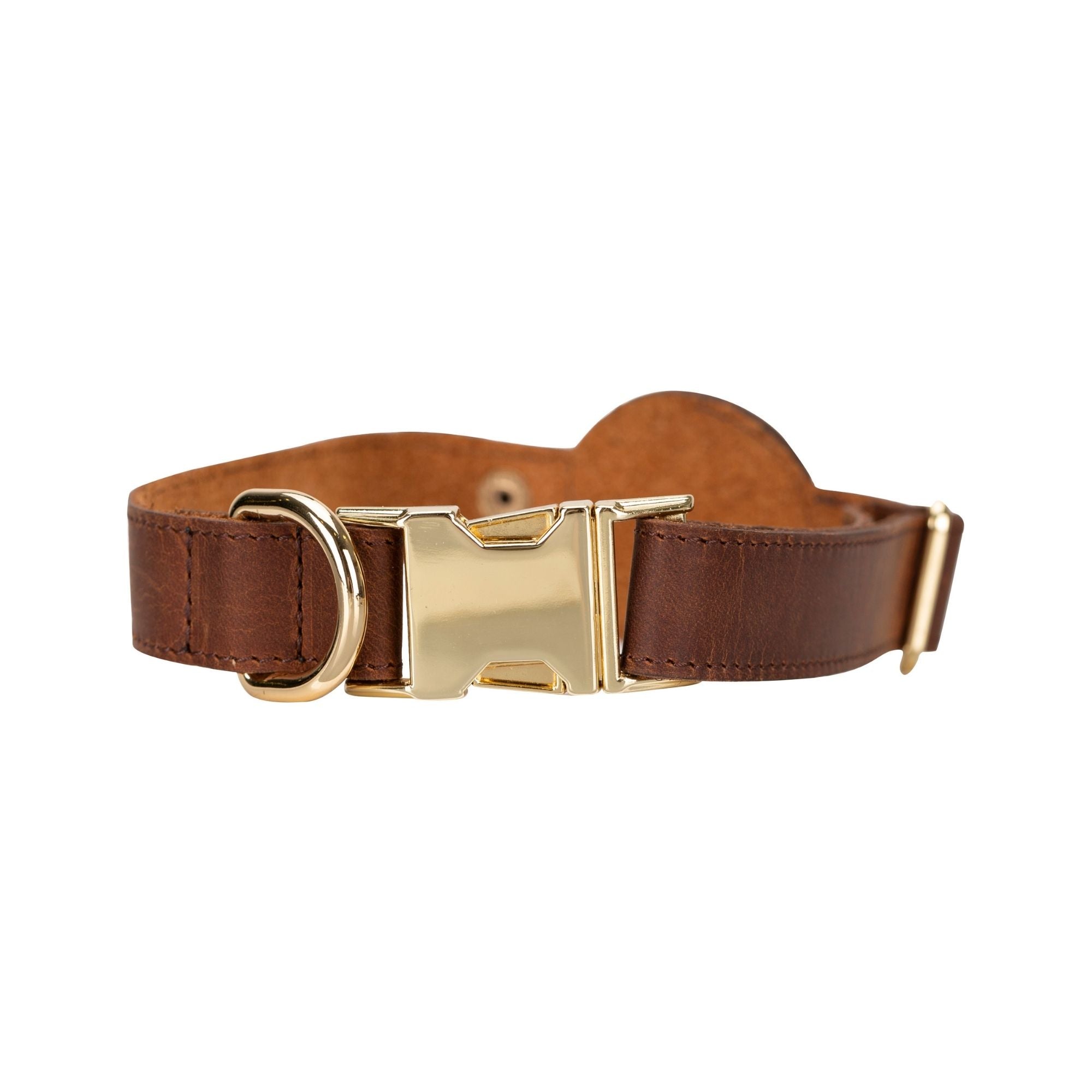 Golden leather dog collar featuring an Apple AirTag slot, crafted from soft cow leather with brass hardware.