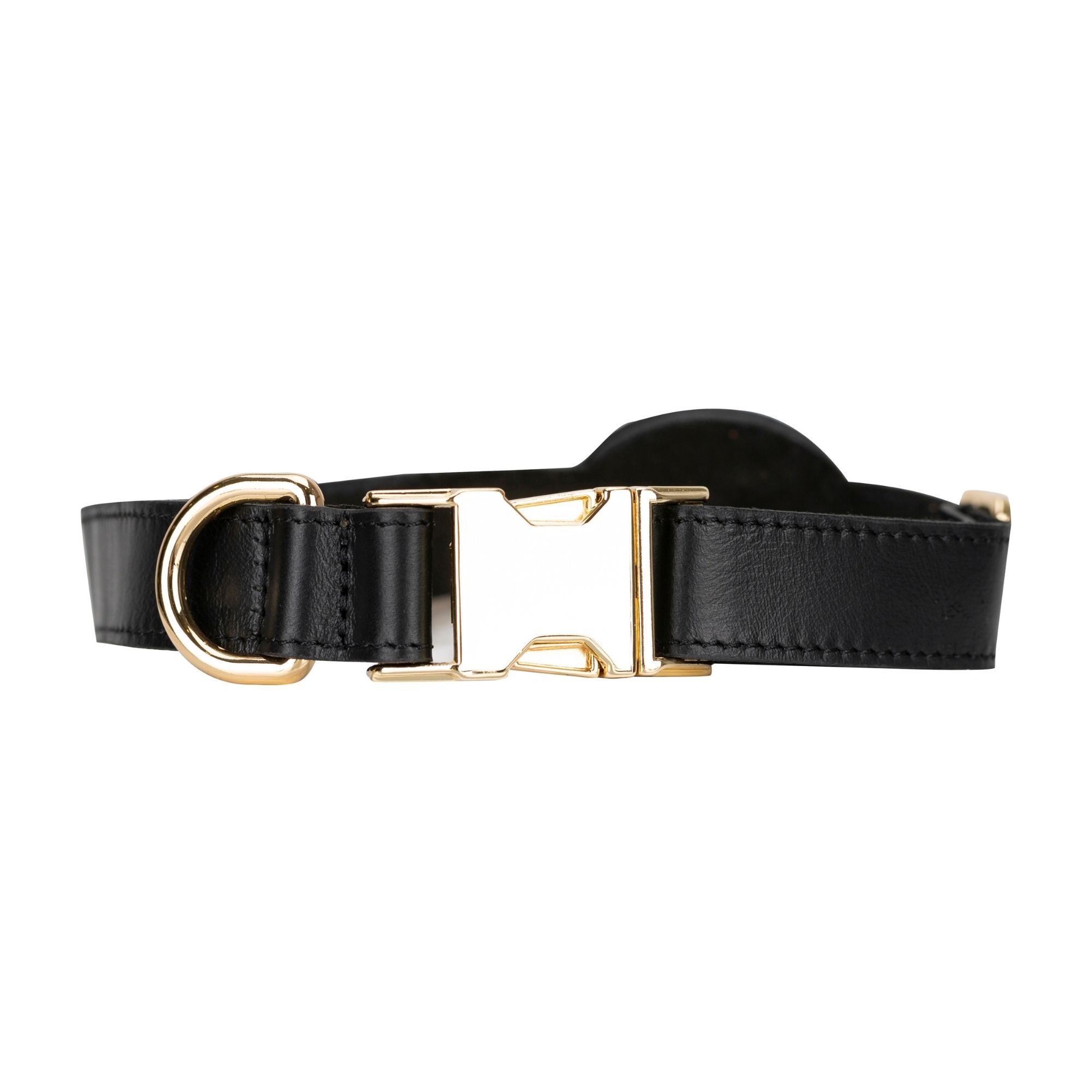 Golden leather dog collar featuring an Apple AirTag slot, crafted from soft cow leather with brass hardware.