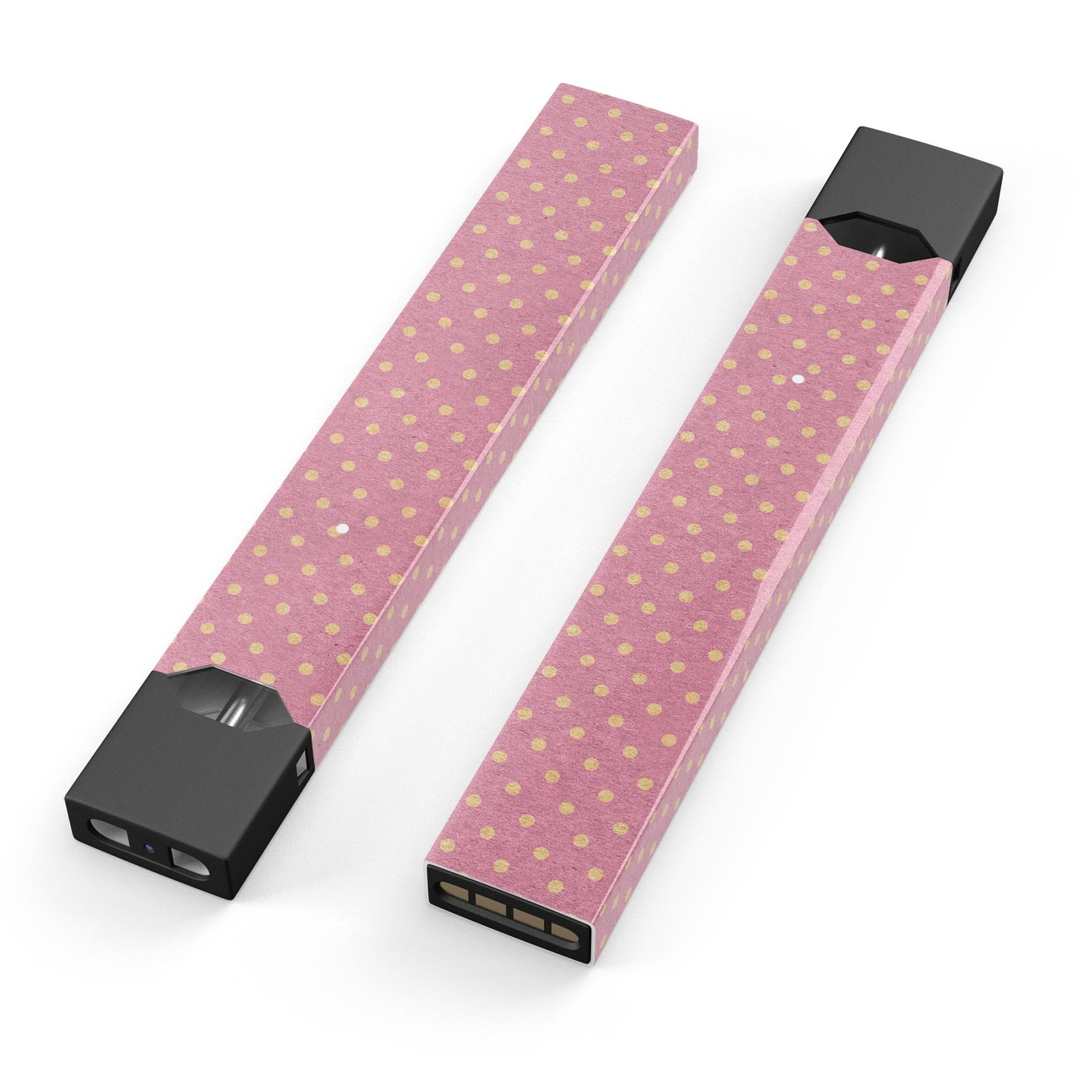 Golden Micro Dots skin-wrap for JUUL device, featuring a pink background with golden dots, showcasing its stylish design and protective features.