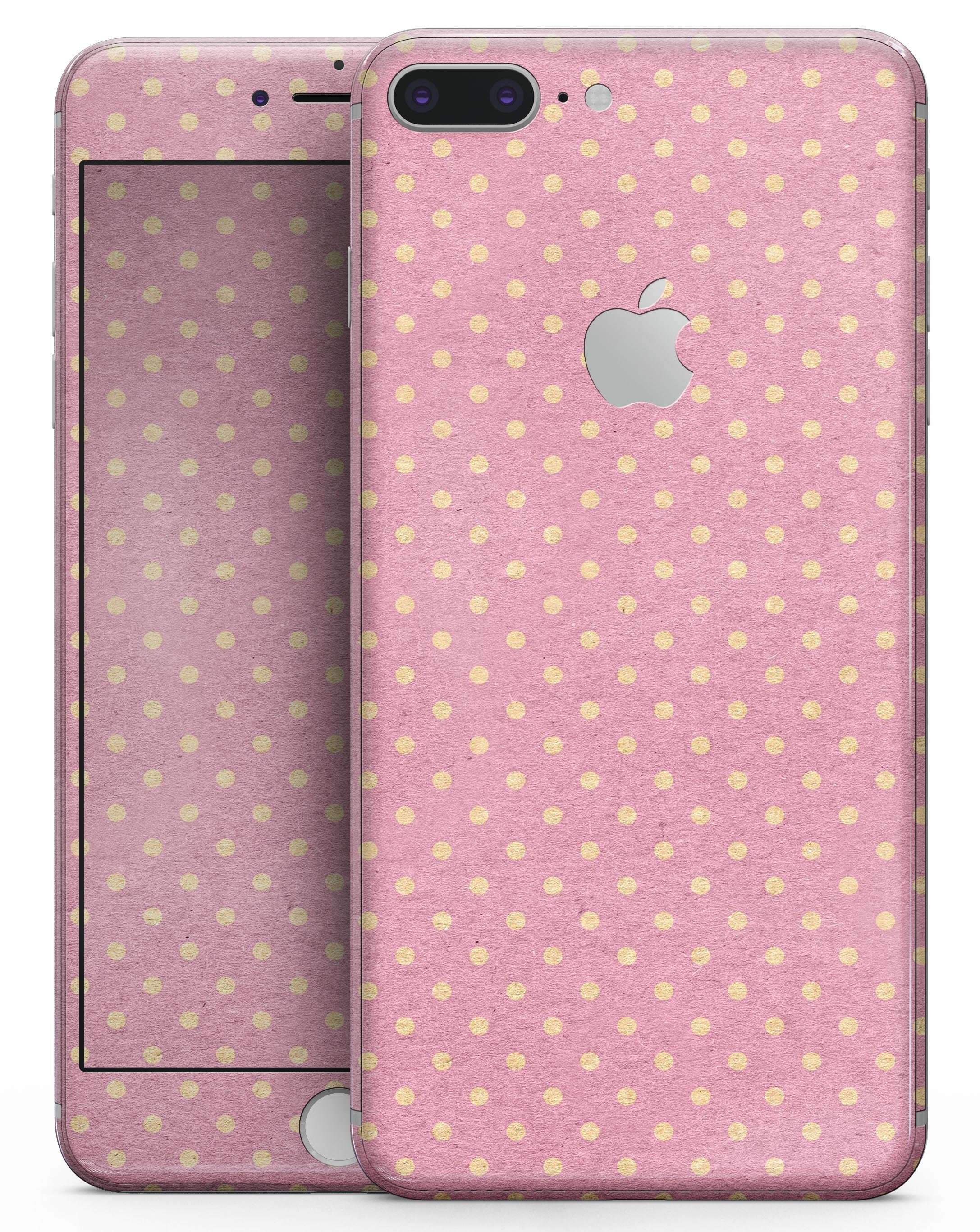 Golden Micro Dots Skin-kit for iPhone 8 and 8 Plus, showcasing a stylish design on a pink background.