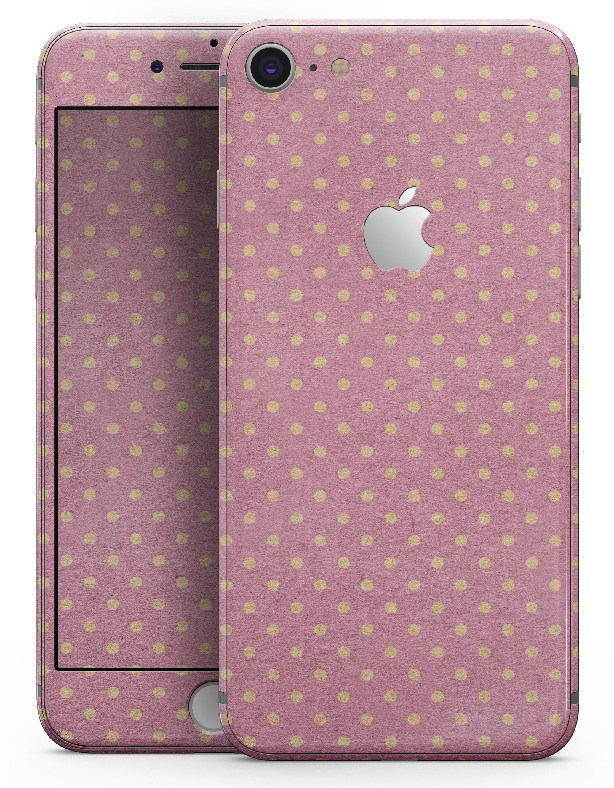 Golden Micro Dots Skin-kit for iPhone 8 and 8 Plus, showcasing a stylish design on a pink background.