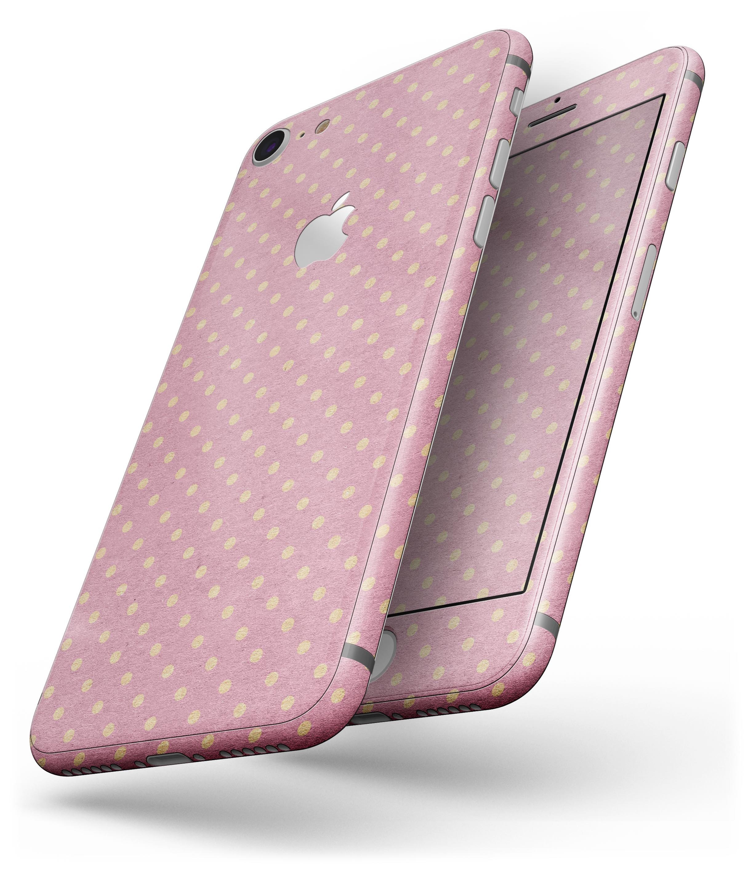 Golden Micro Dots Skin-kit for iPhone 8 and 8 Plus, showcasing a stylish design on a pink background.