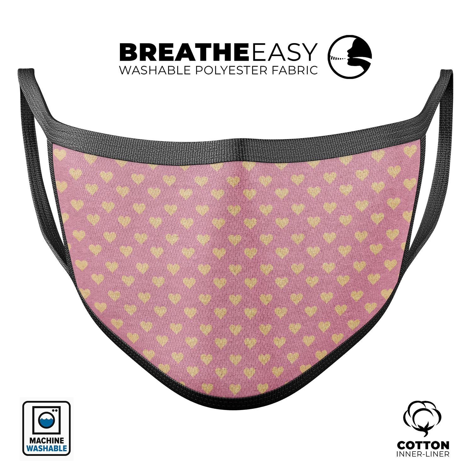 Golden Micro Hearts Over Pink reusable mouth cover, featuring a stylish design and adjustable ear-loop bands for a comfortable fit.