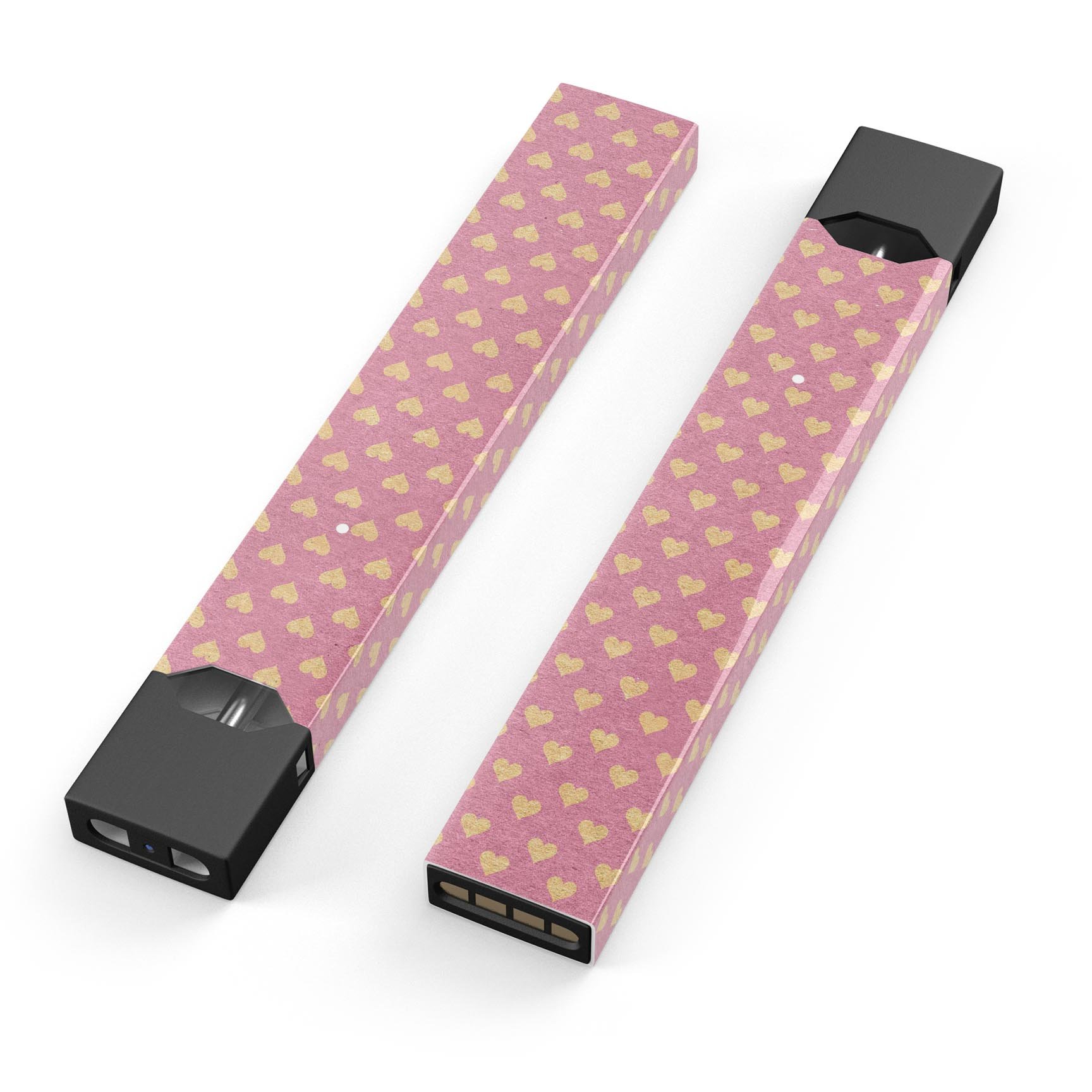 Golden Micro Hearts skin-wrap for JUUL device, featuring a pink background with intricate heart designs.