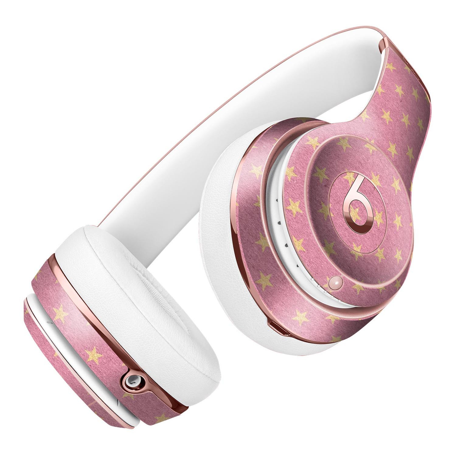 Golden Micro Stars Skin Kit for Beats by Dre Solo 3 Wireless Headphones, featuring a pink background with golden star designs.
