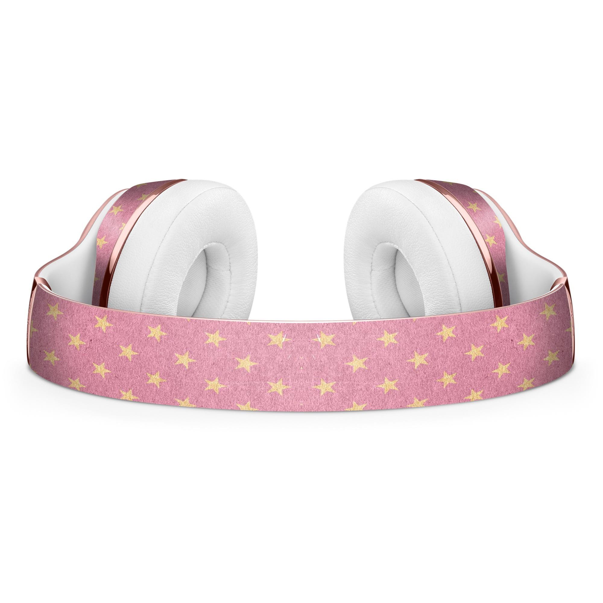 Golden Micro Stars Skin Kit for Beats by Dre Solo 3 Wireless Headphones, featuring a pink background with golden star designs.