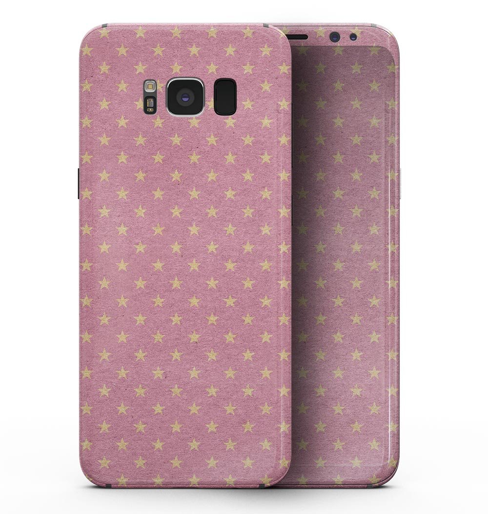 Golden Micro Stars skin kit for Samsung Galaxy S8, featuring a stylish pink background with golden star patterns, designed for full-body protection.