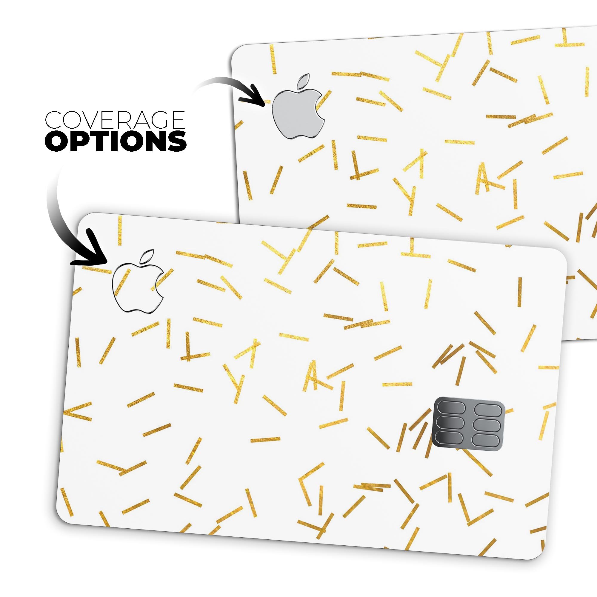 Golden Scattered Candy Sticks skin kit for Apple Card, showcasing vibrant colors and premium vinyl material.