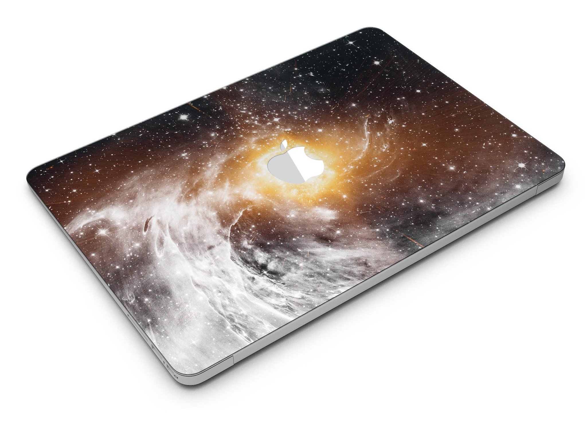 Golden Space Swirl MacBook Air Skin Kit showcasing a vibrant swirl design on premium vinyl material.