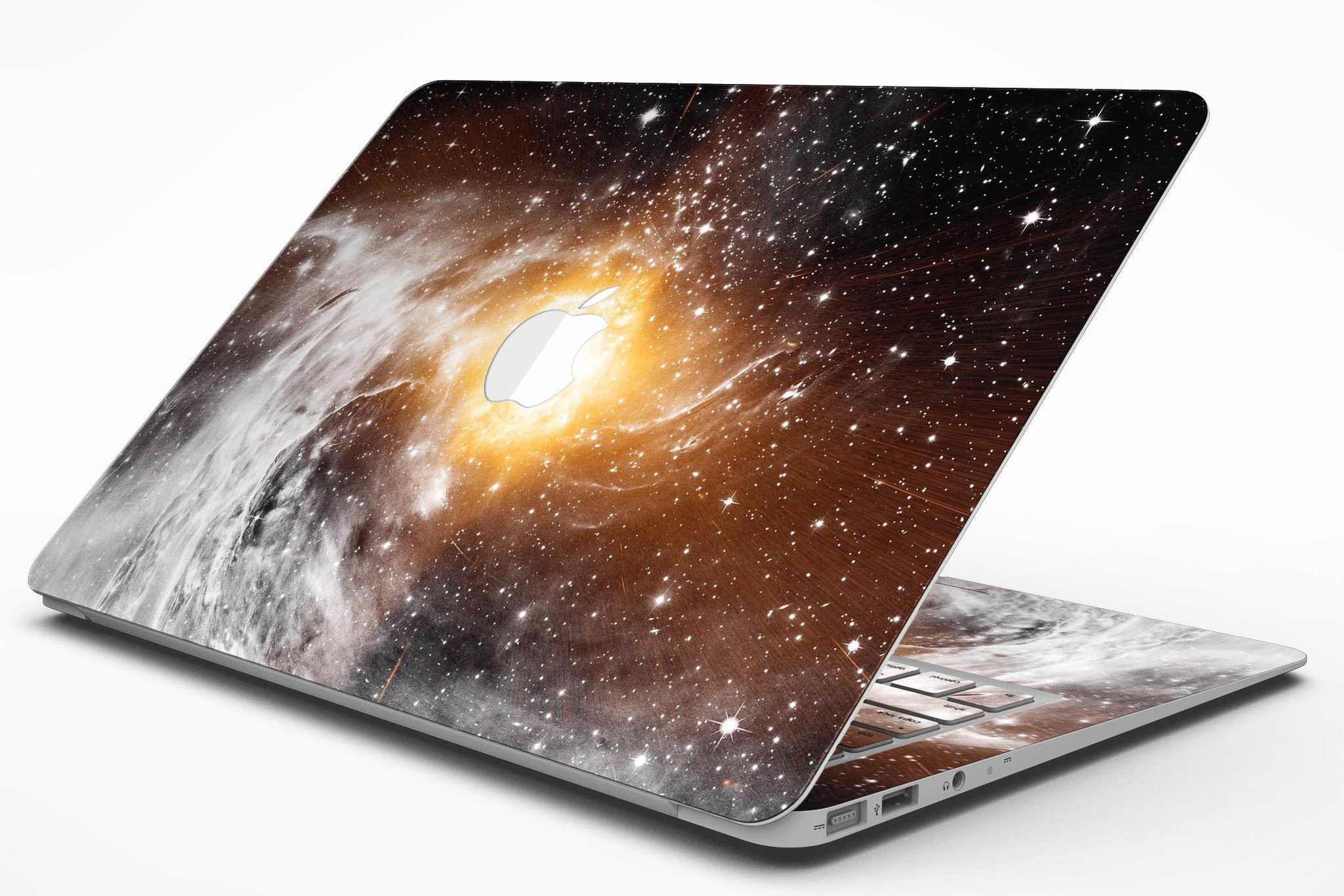 Golden Space Swirl MacBook Air Skin Kit showcasing a vibrant swirl design on premium vinyl material.