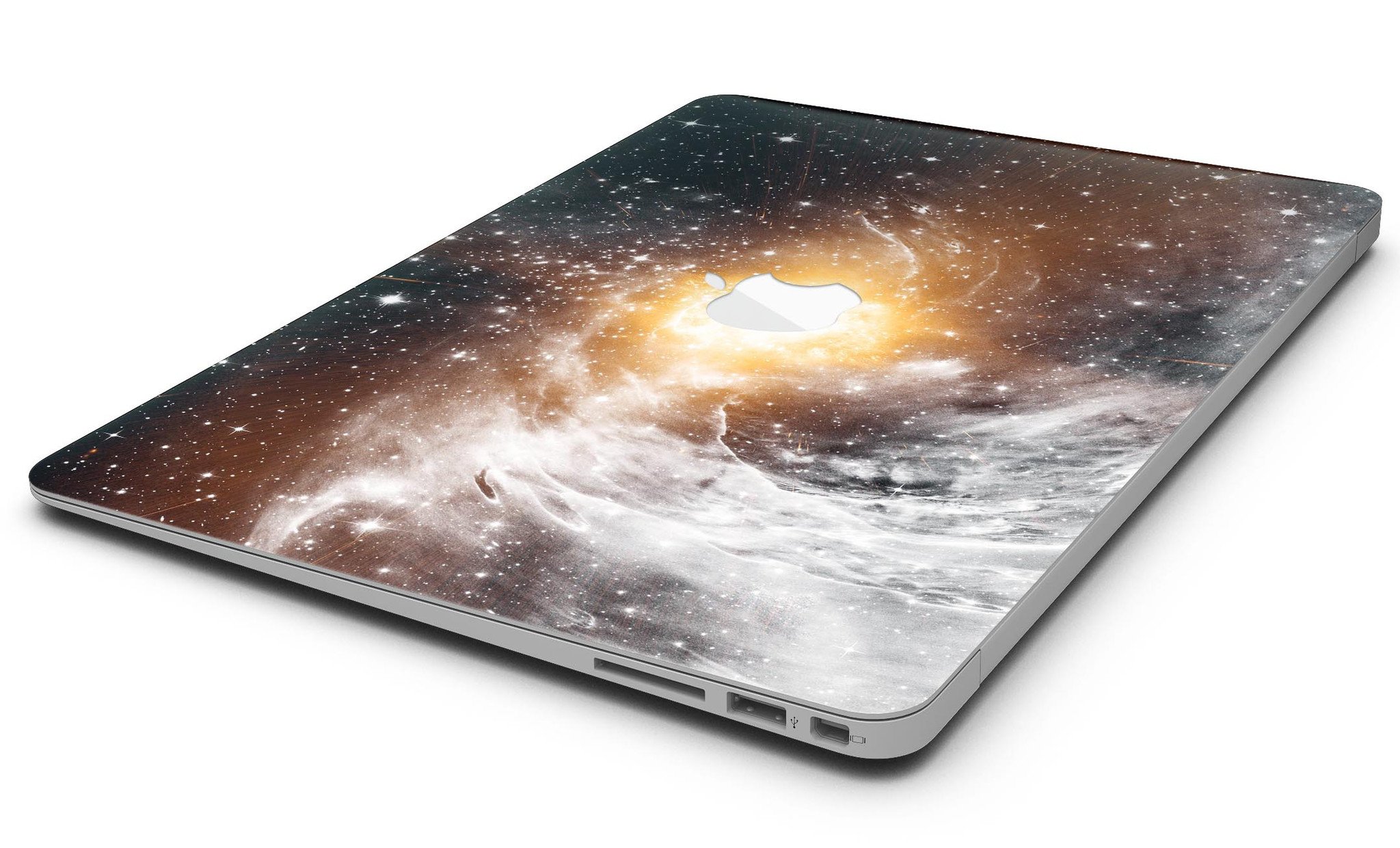 Golden Space Swirl MacBook Air Skin Kit showcasing a vibrant swirl design on premium vinyl material.