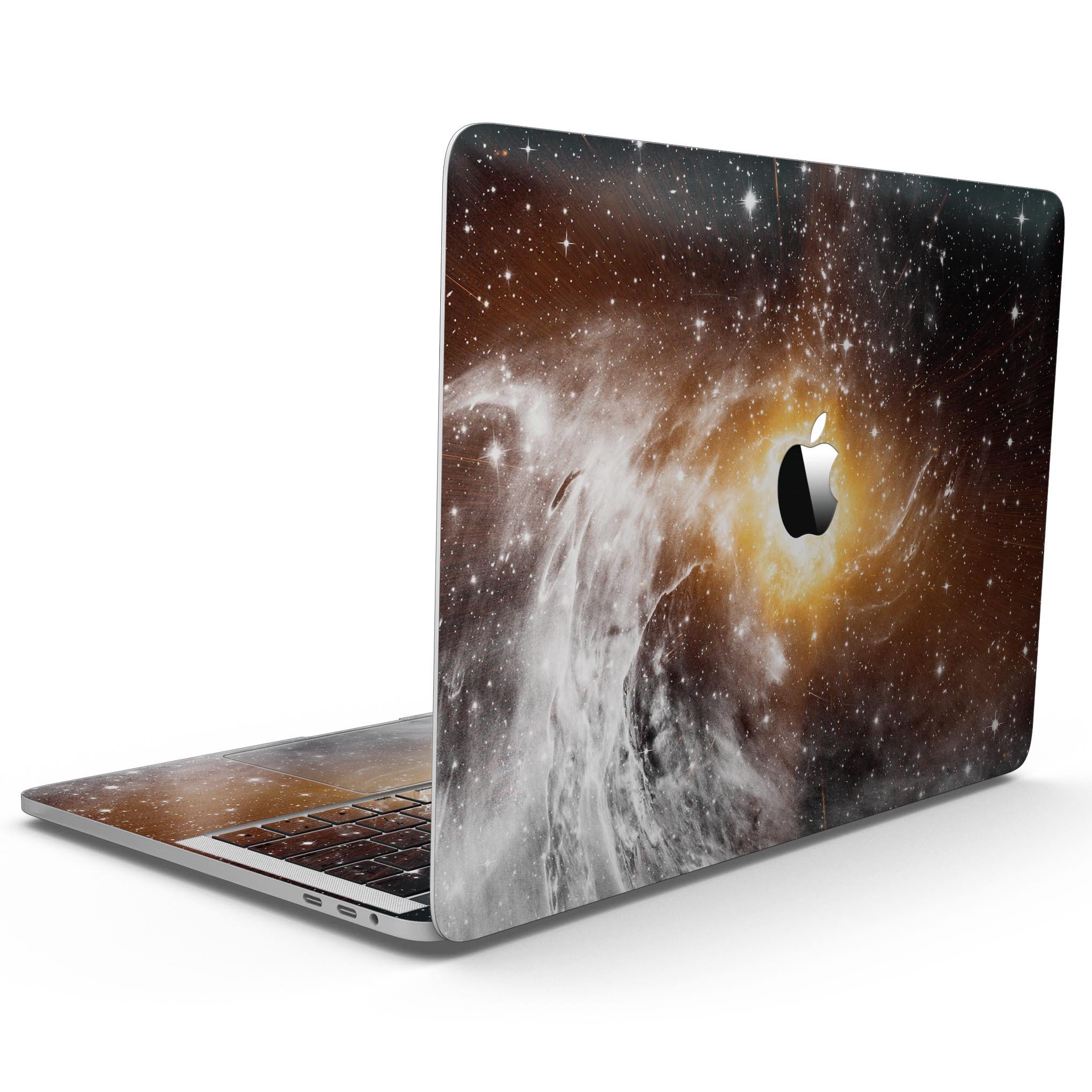 Golden Space Swirl skin kit for MacBook Pro with Touch Bar, showcasing vibrant design and premium vinyl material.