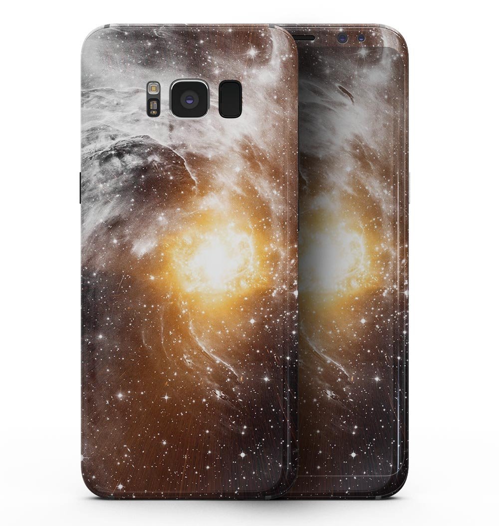 Golden Space Swirl skin kit for Samsung Galaxy S8, showcasing vibrant colors and sleek design for device protection.