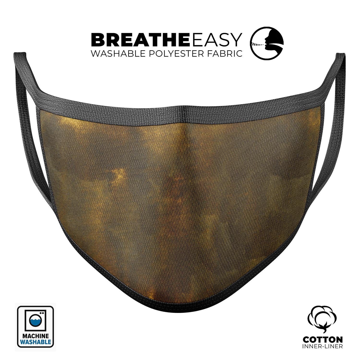Golden Speckles with Smoke unisex mouth cover, showcasing a stylish design and adjustable ear loops for a comfortable fit.