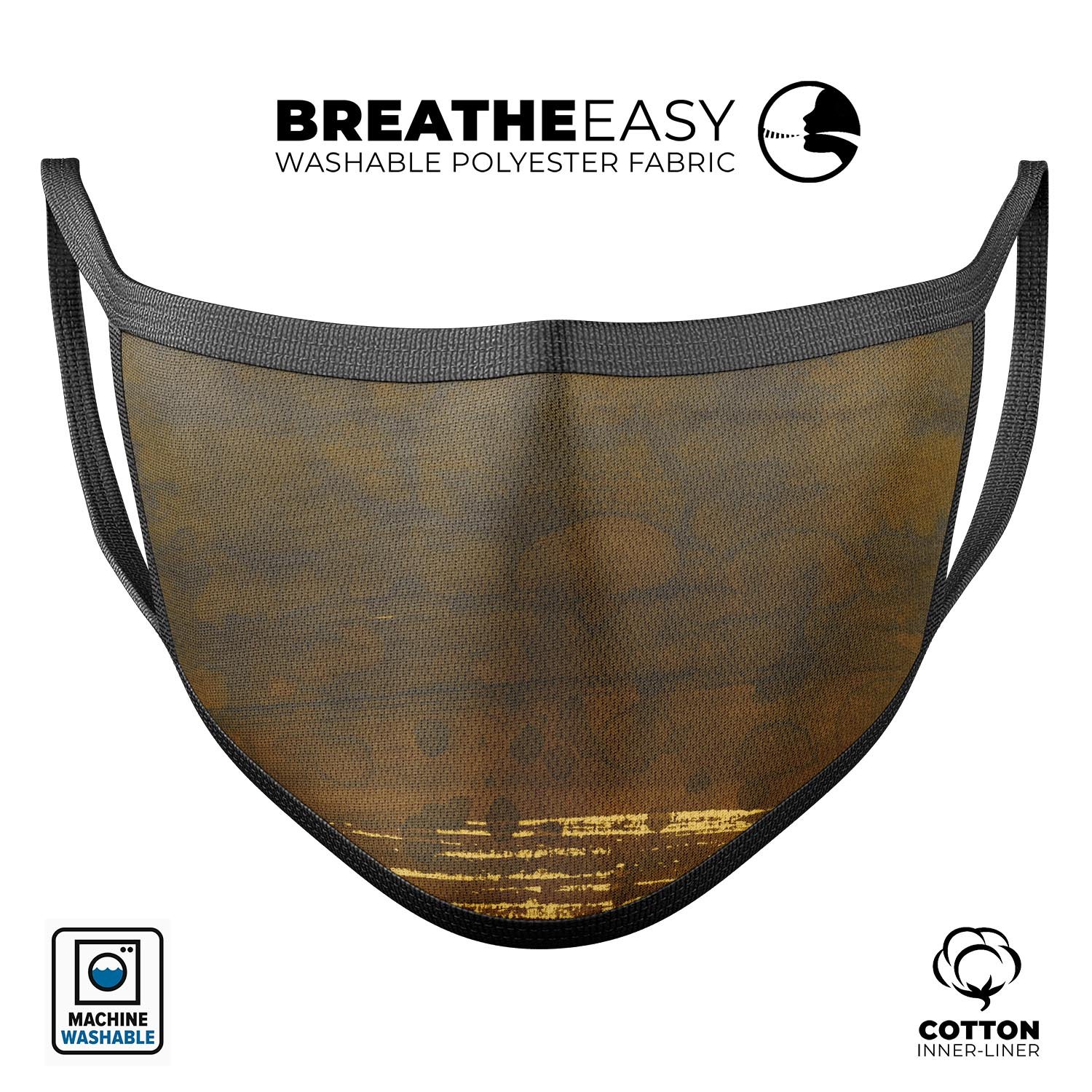 Golden Stained Splattered Mouth Cover, unisex anti-dust mask made in the USA, featuring adjustable ear loops and a stylish design.