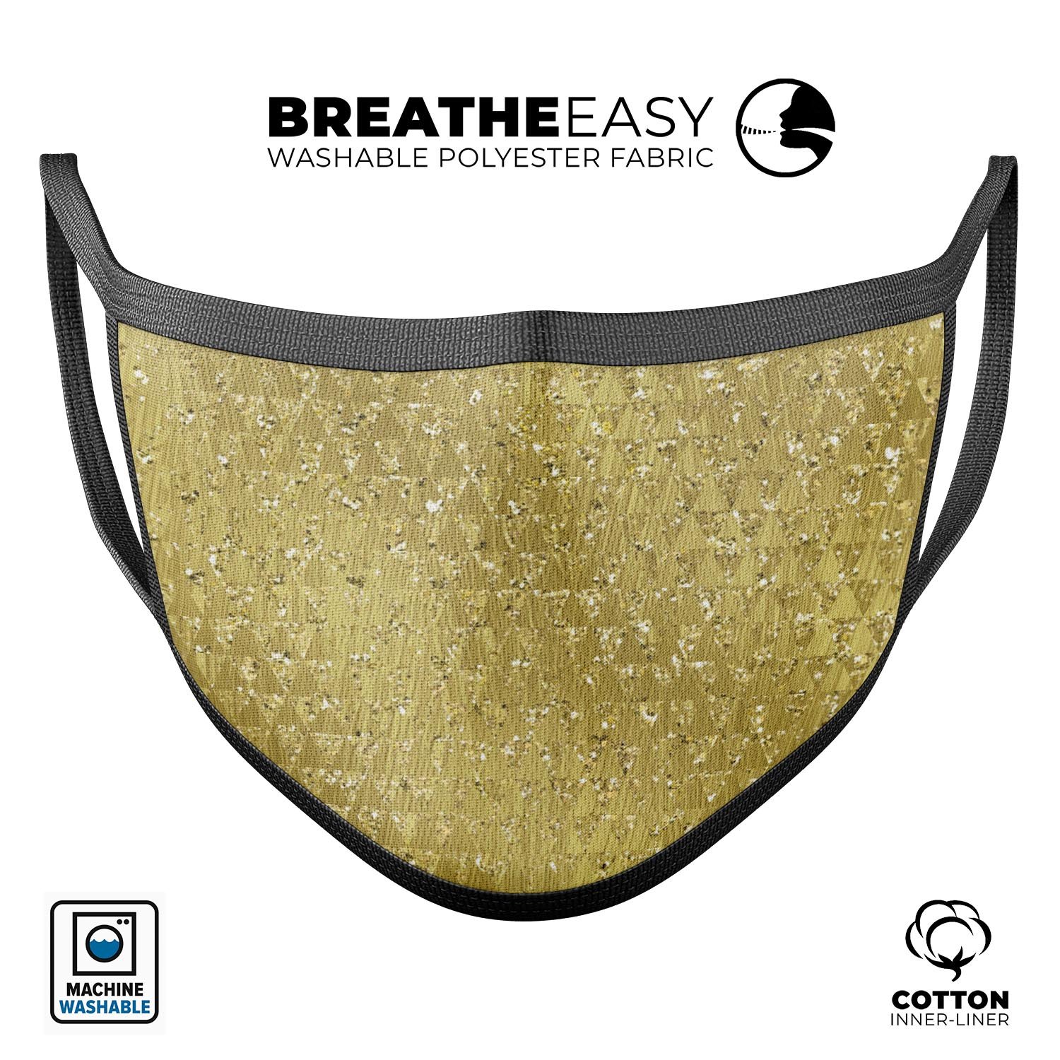Golden Triangle Glimmer Pattern mouth cover, showcasing vibrant colors and a comfortable design, made in the USA.