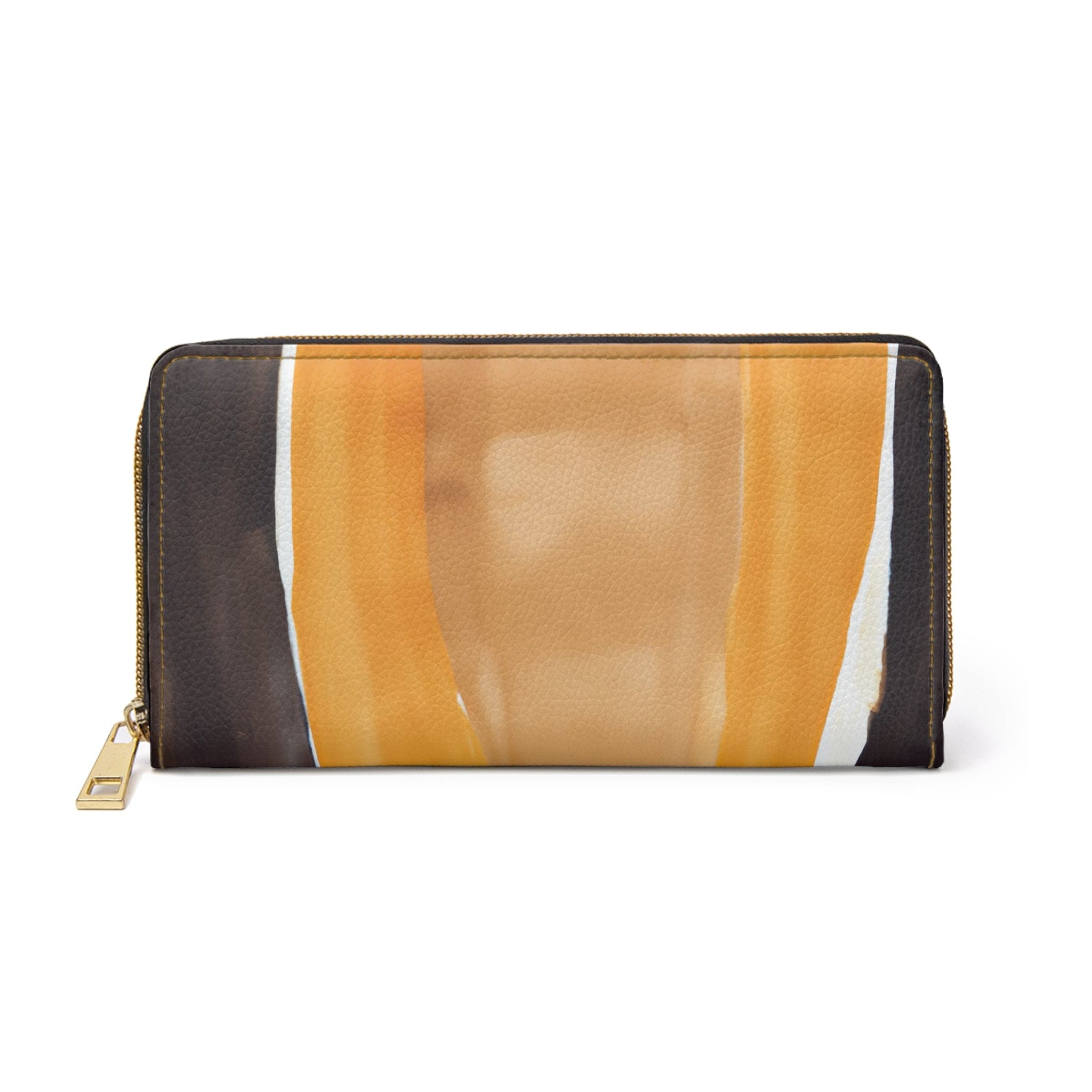 Golden yellow and brown abstract pattern women's zipper wallet clutch purse with multiple compartments and durable zipper.