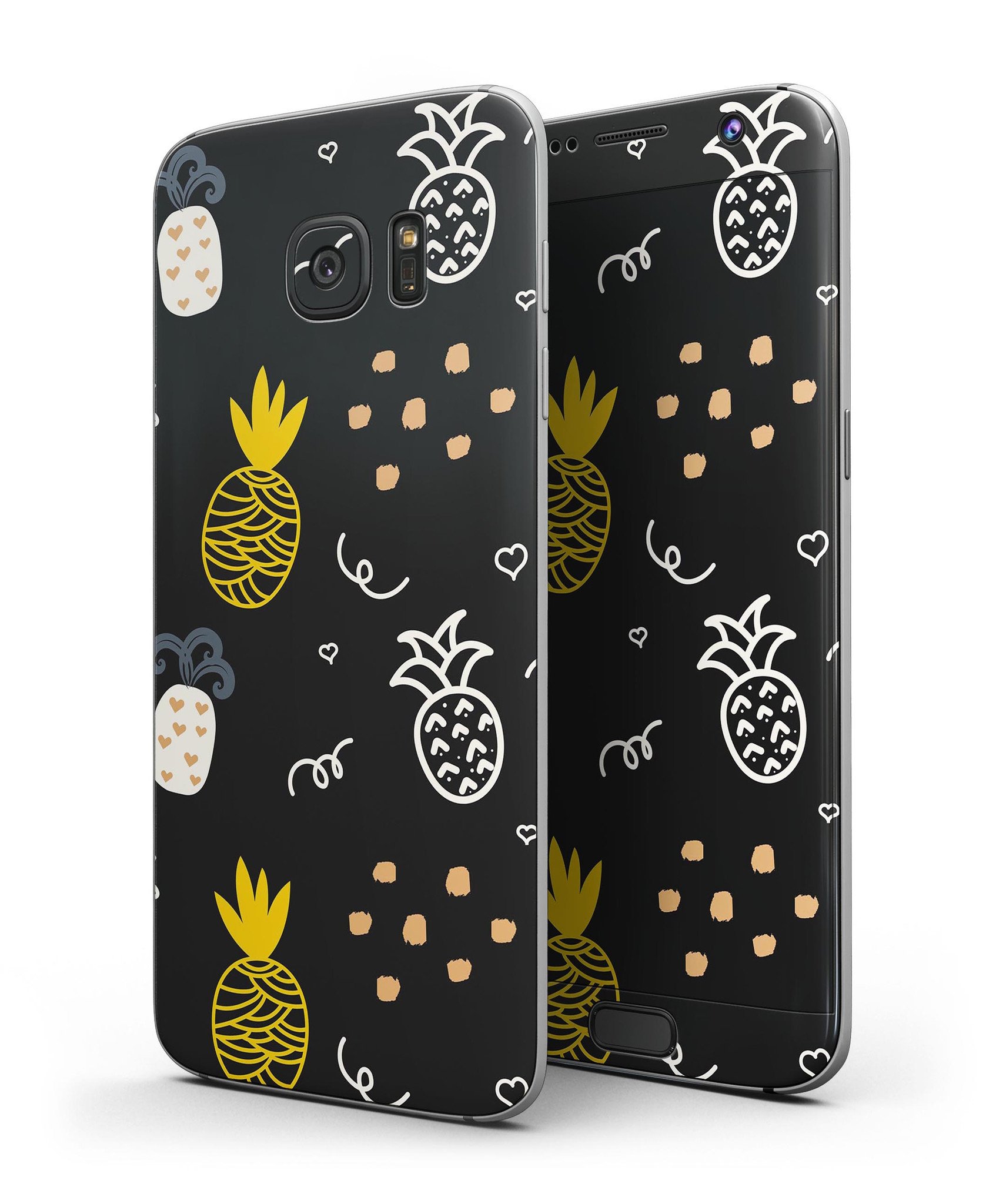 Golden Yellow Pineapple skin kit for Samsung Galaxy S7/S7 Edge, showcasing vibrant pineapple design over a black background.
