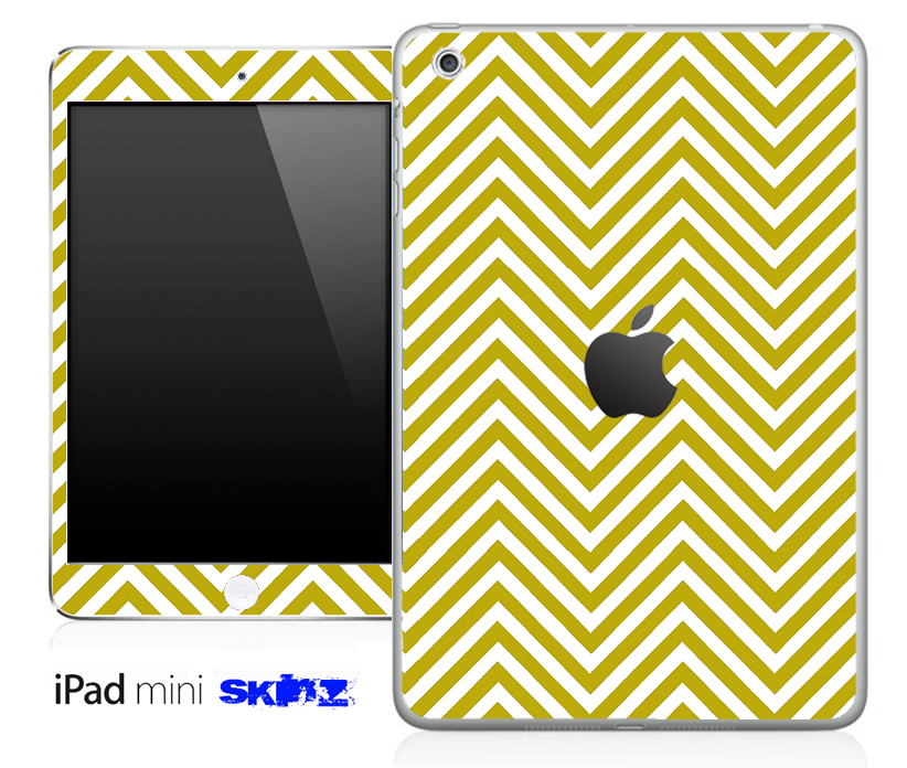 Gold and white sharp chevron pattern skin for iPad Mini, showcasing a stylish design that protects the device.