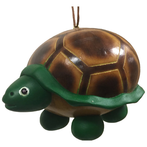 Hand-carved gourd turtle ornament with ceramic accents, showcasing intricate designs and natural textures.