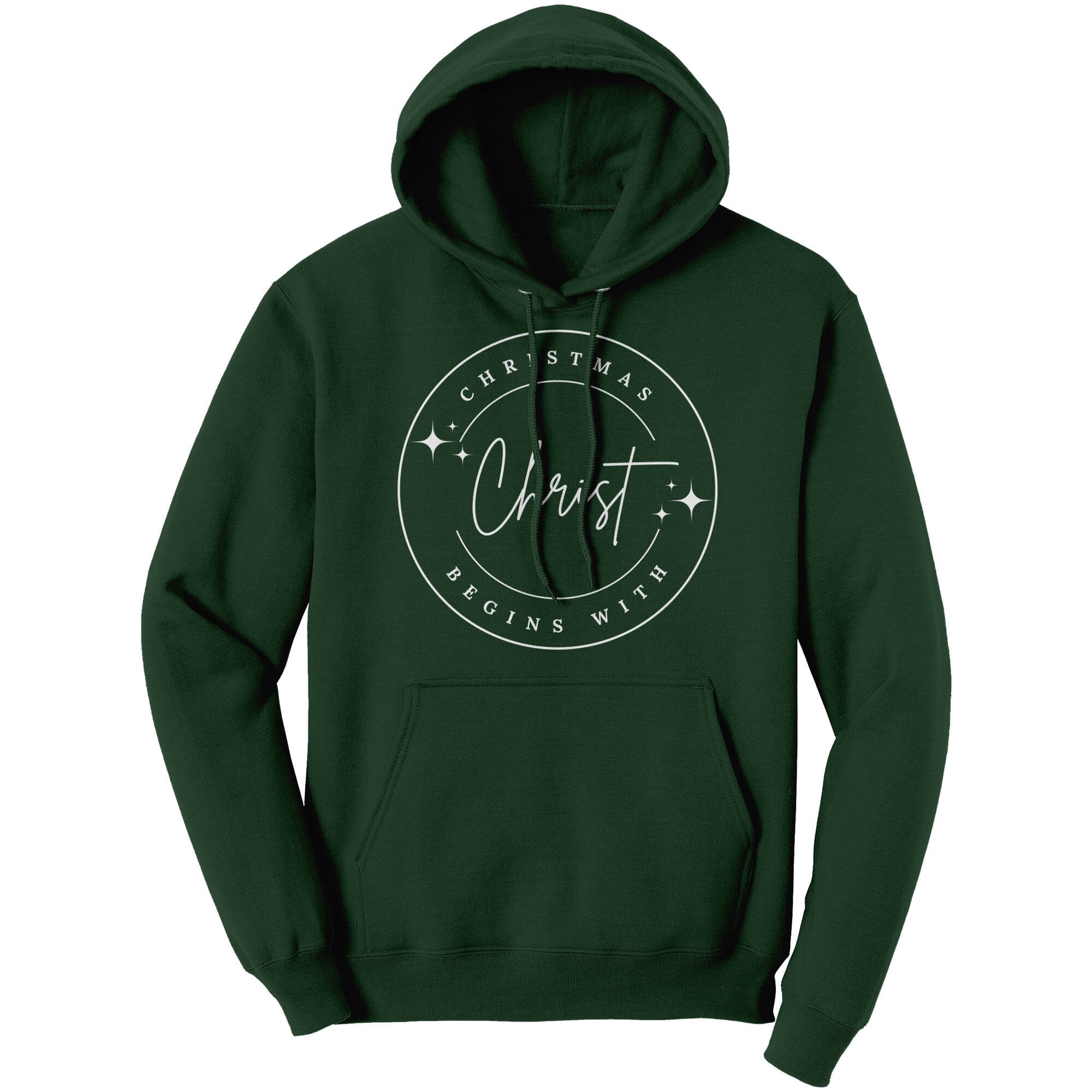 Cozy Graphic Hoodie featuring 'Christmas Begins with Christ' design, perfect for holiday celebrations.