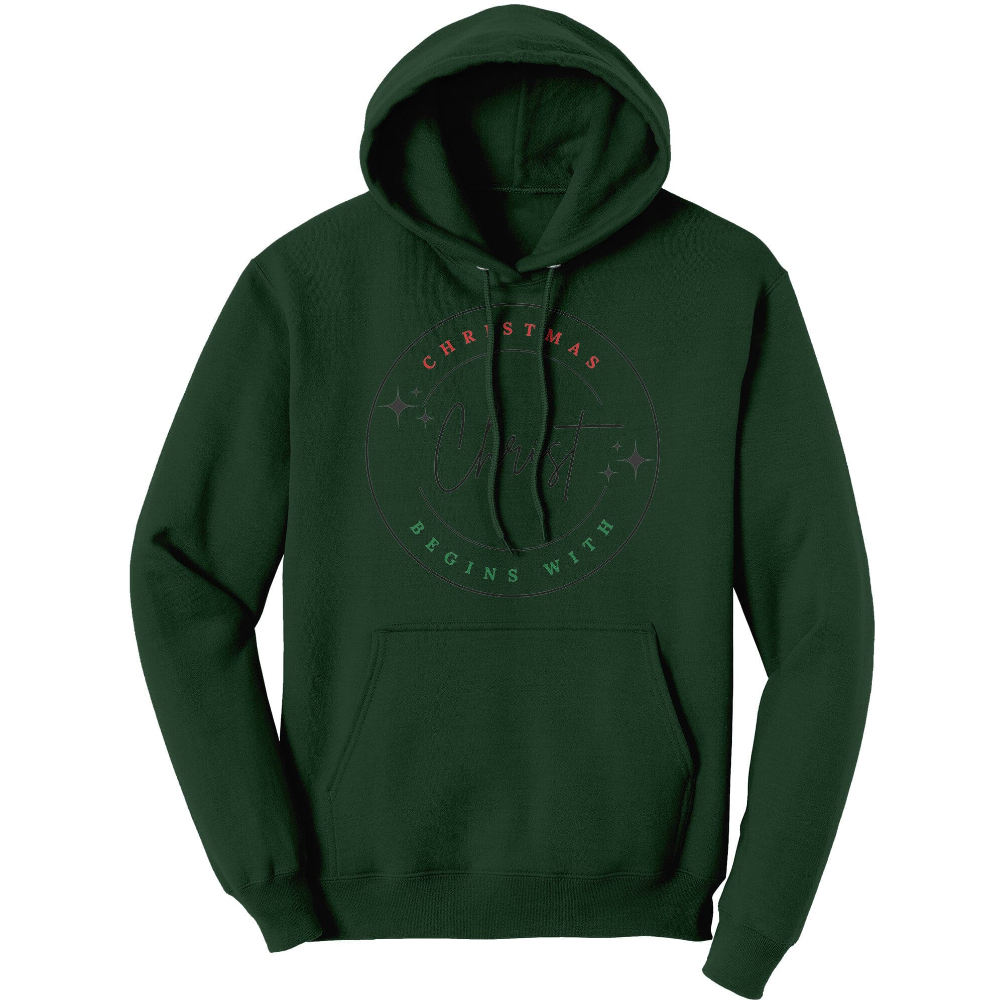 Cozy Graphic Hoodie featuring 'Christmas Begins with Christ' design, perfect for holiday celebrations.
