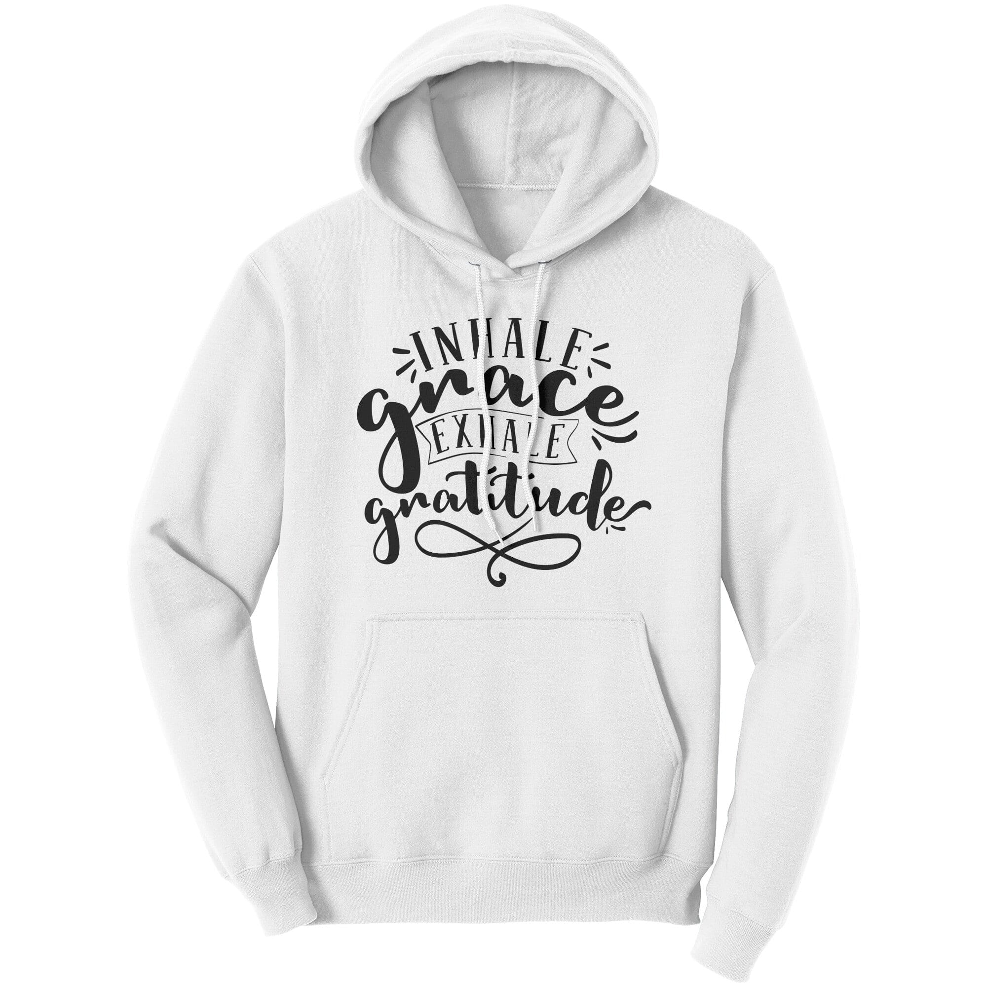 A cozy Graphic Hoodie Sweatshirt featuring the phrase 'Inhale Grace, Exhale Gratitude' in stylish lettering, perfect for casual wear.