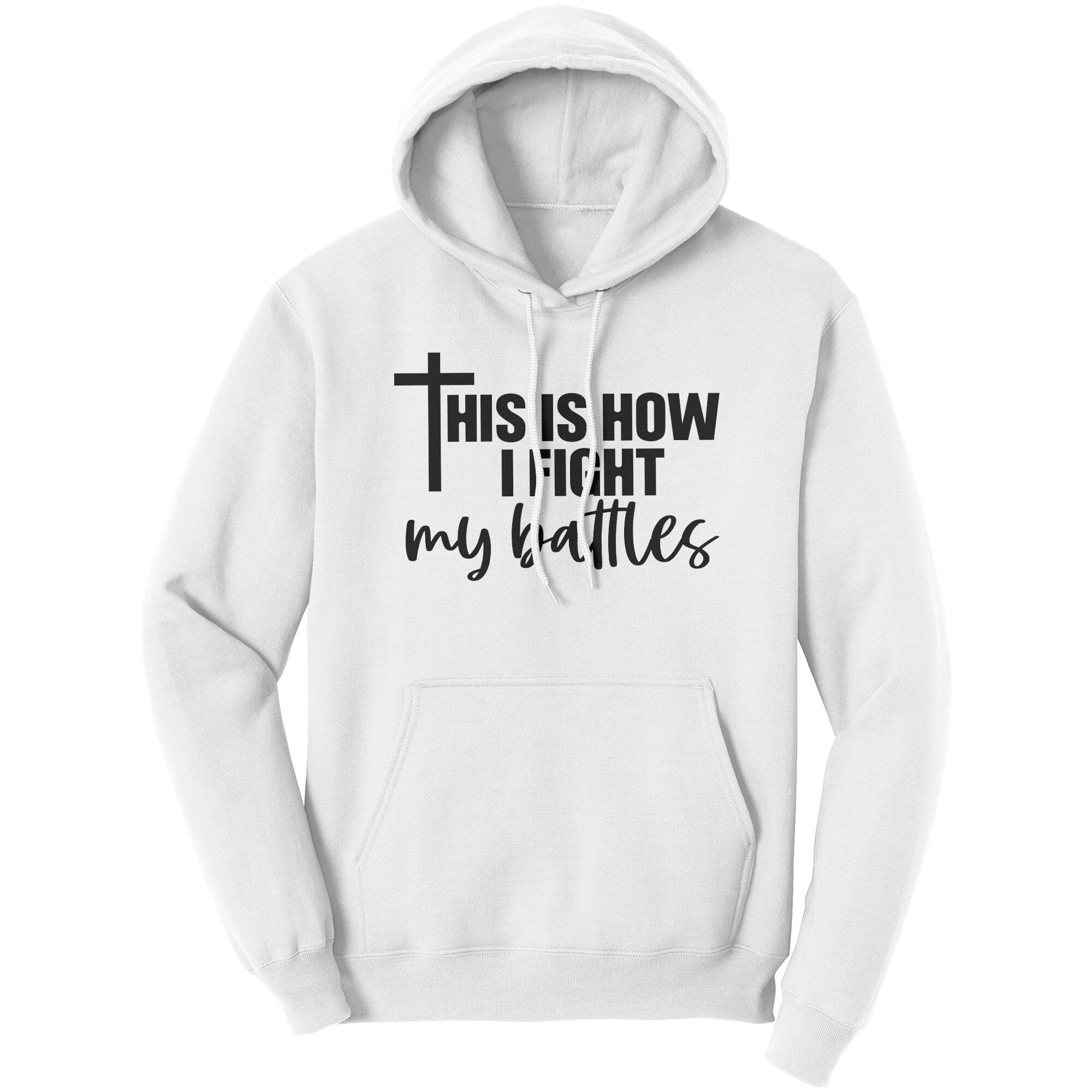 Graphic hoodie sweatshirt featuring 'This is how I fight' design, made from soft cotton fleece material.