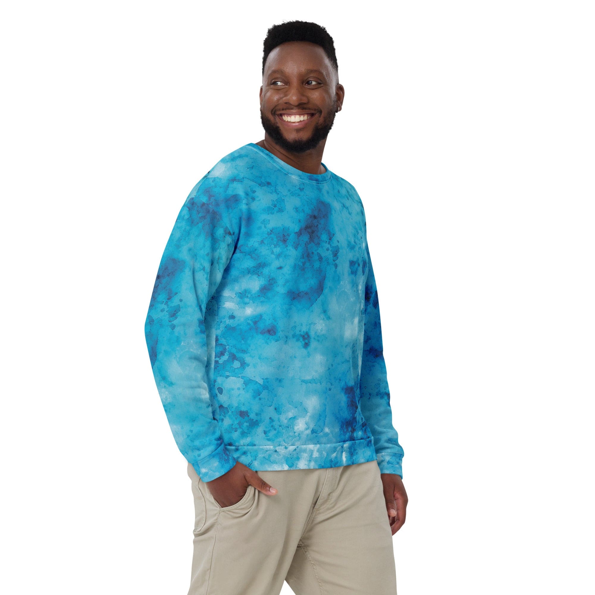 Men's graphic sweatshirt featuring a blue marble print, showcasing a crew neck design and front pouch pocket for a stylish and comfortable look.