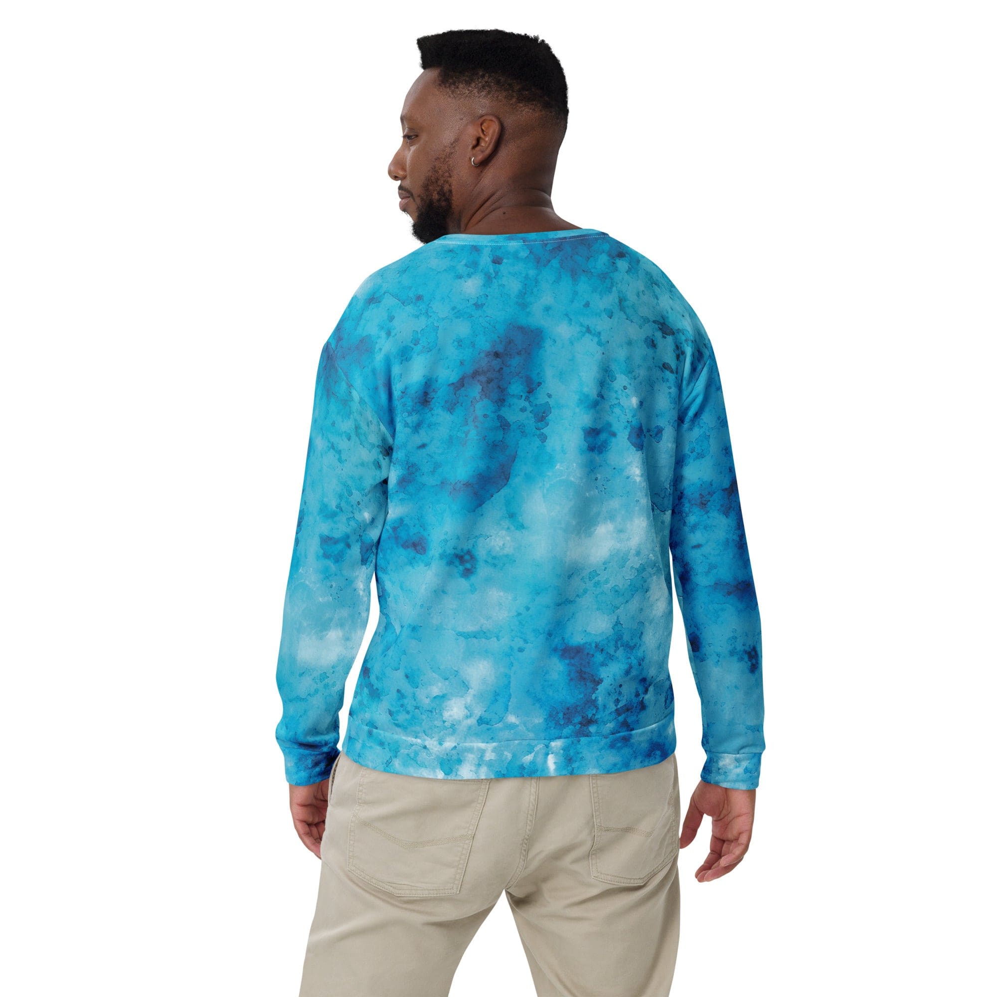 Men's graphic sweatshirt featuring a blue marble print, showcasing a crew neck design and front pouch pocket for a stylish and comfortable look.