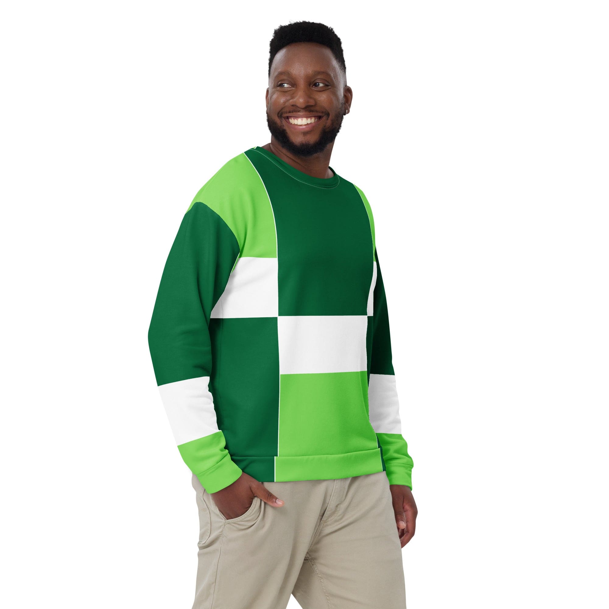 Men's graphic sweatshirt featuring a green and white colorblock design with grid lines, showcasing a stylish and modern look.