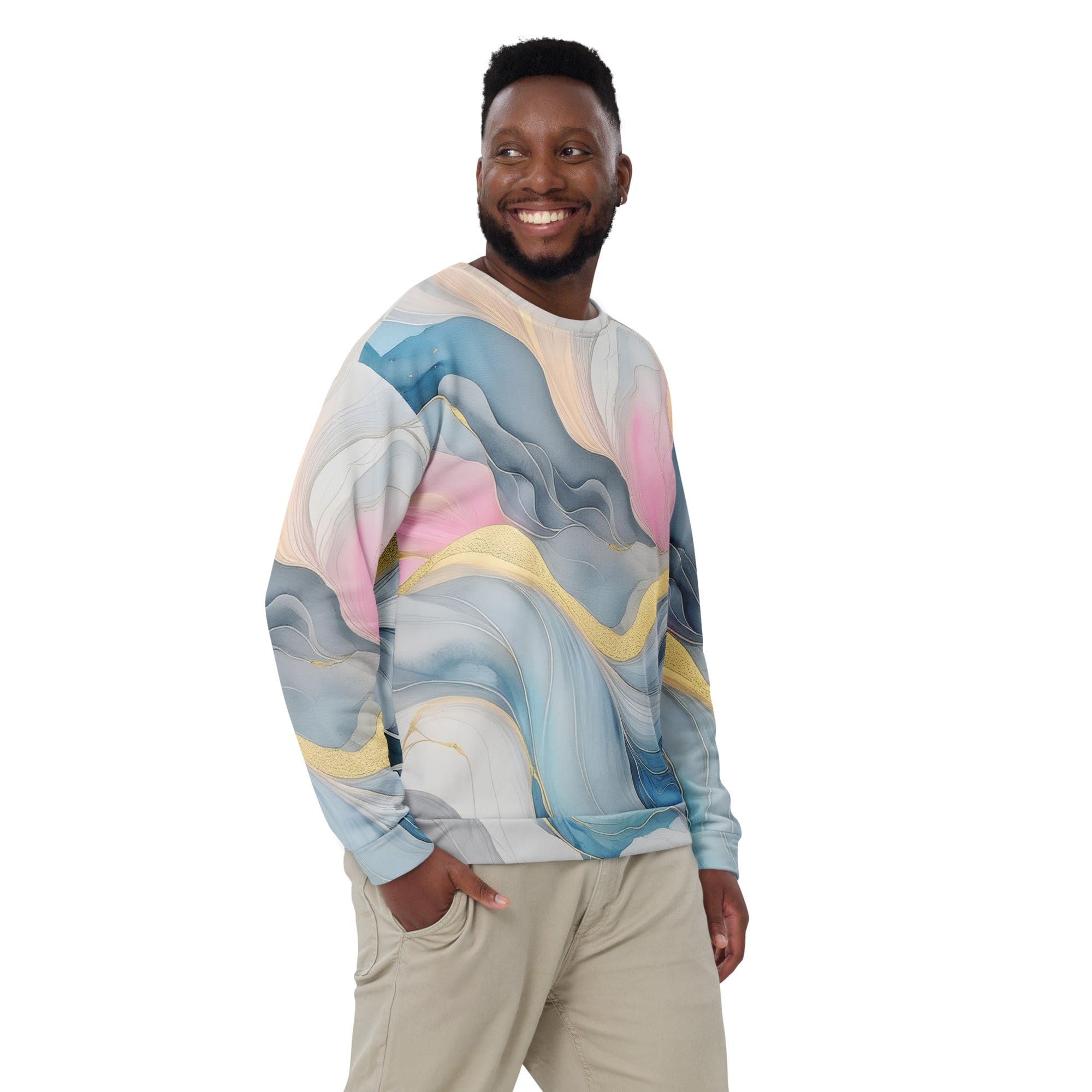 Men's graphic sweatshirt featuring a marble cloud design in grey, pink, and blue, with a classic crew neck and front pouch pocket.