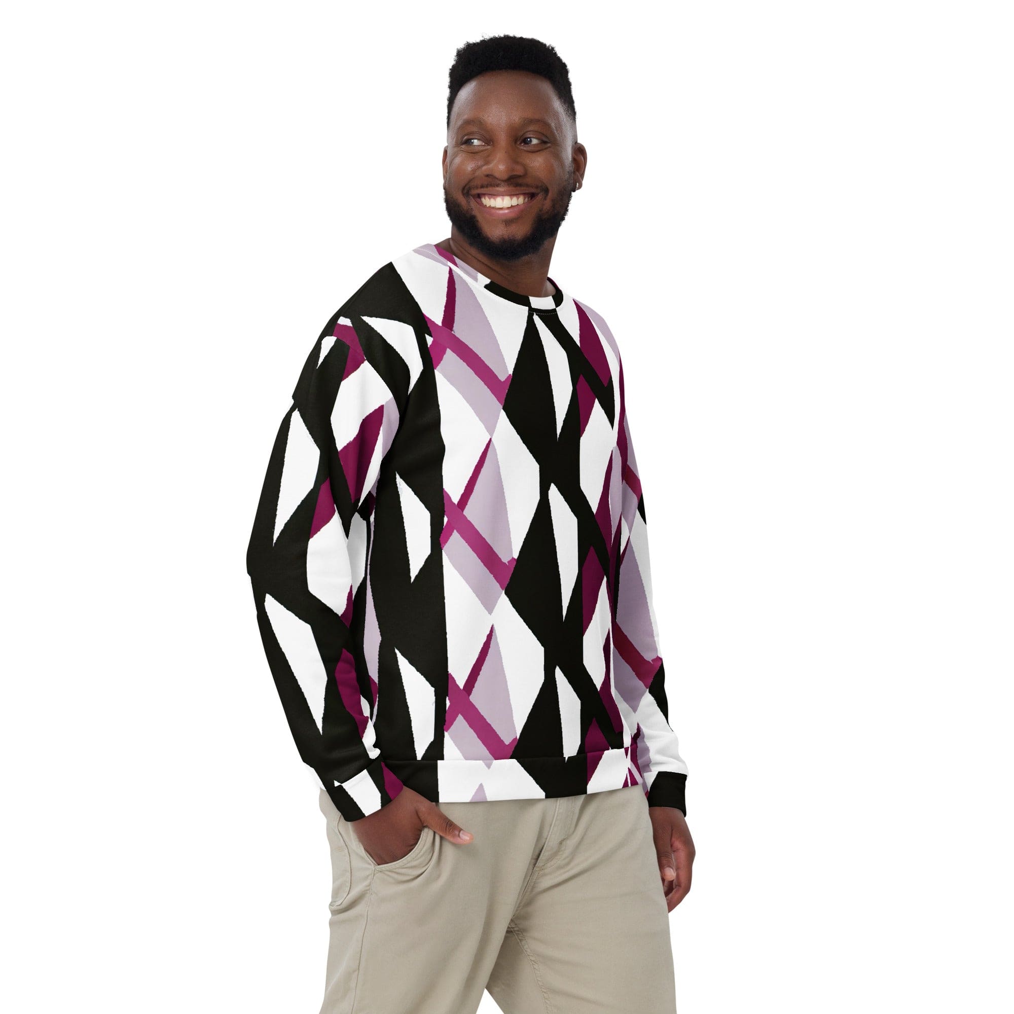 Men's graphic sweatshirt in pink mauve pattern featuring a crew neck, front pouch pocket, and ribbed cuffs.