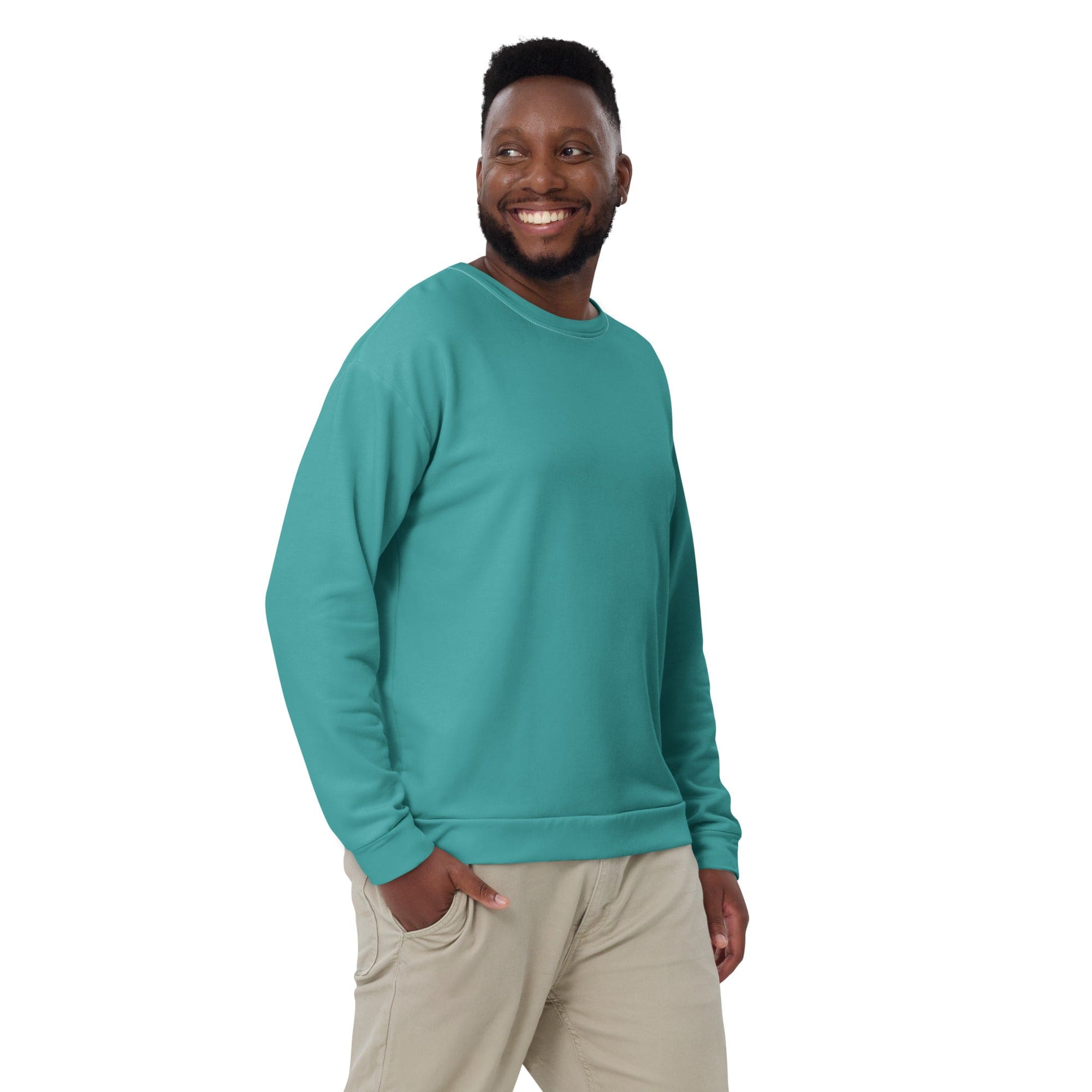 Men's teal green graphic sweatshirt featuring a dynamic all-over print, crew neck, and front pouch pocket.