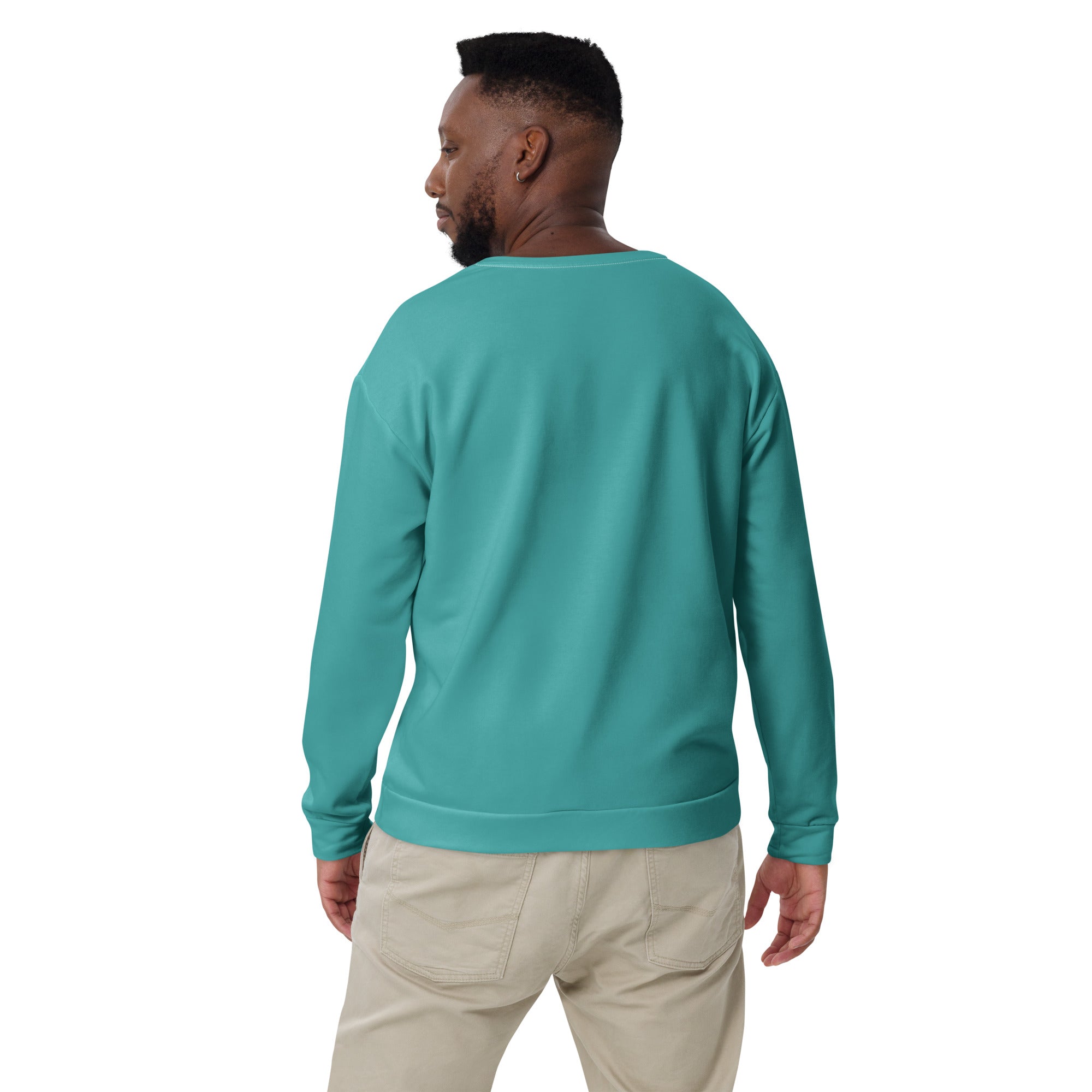 Men's teal green graphic sweatshirt featuring a dynamic all-over print, crew neck, and front pouch pocket.
