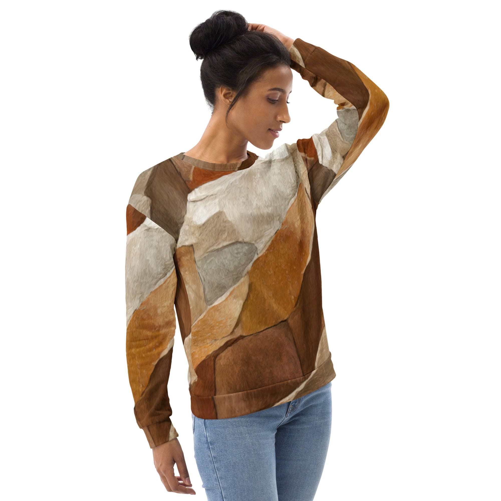 Graphic sweatshirt for women featuring an abstract stone print, showcasing a stylish crew neck design and front pouch pocket.