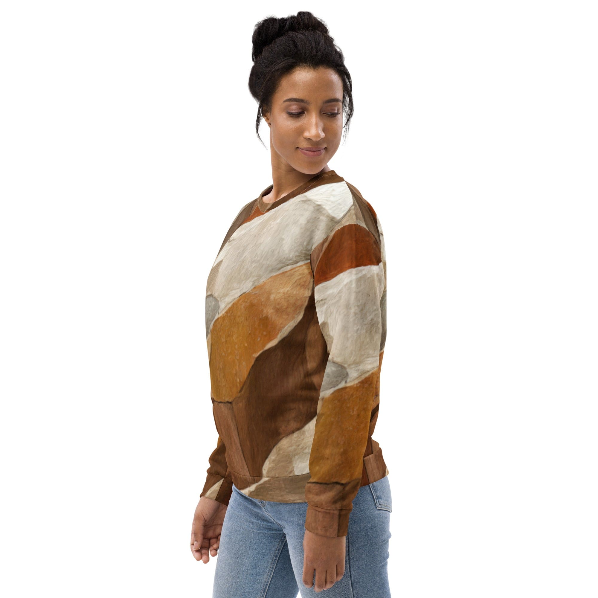 Graphic sweatshirt for women featuring an abstract stone print, showcasing a stylish crew neck design and front pouch pocket.