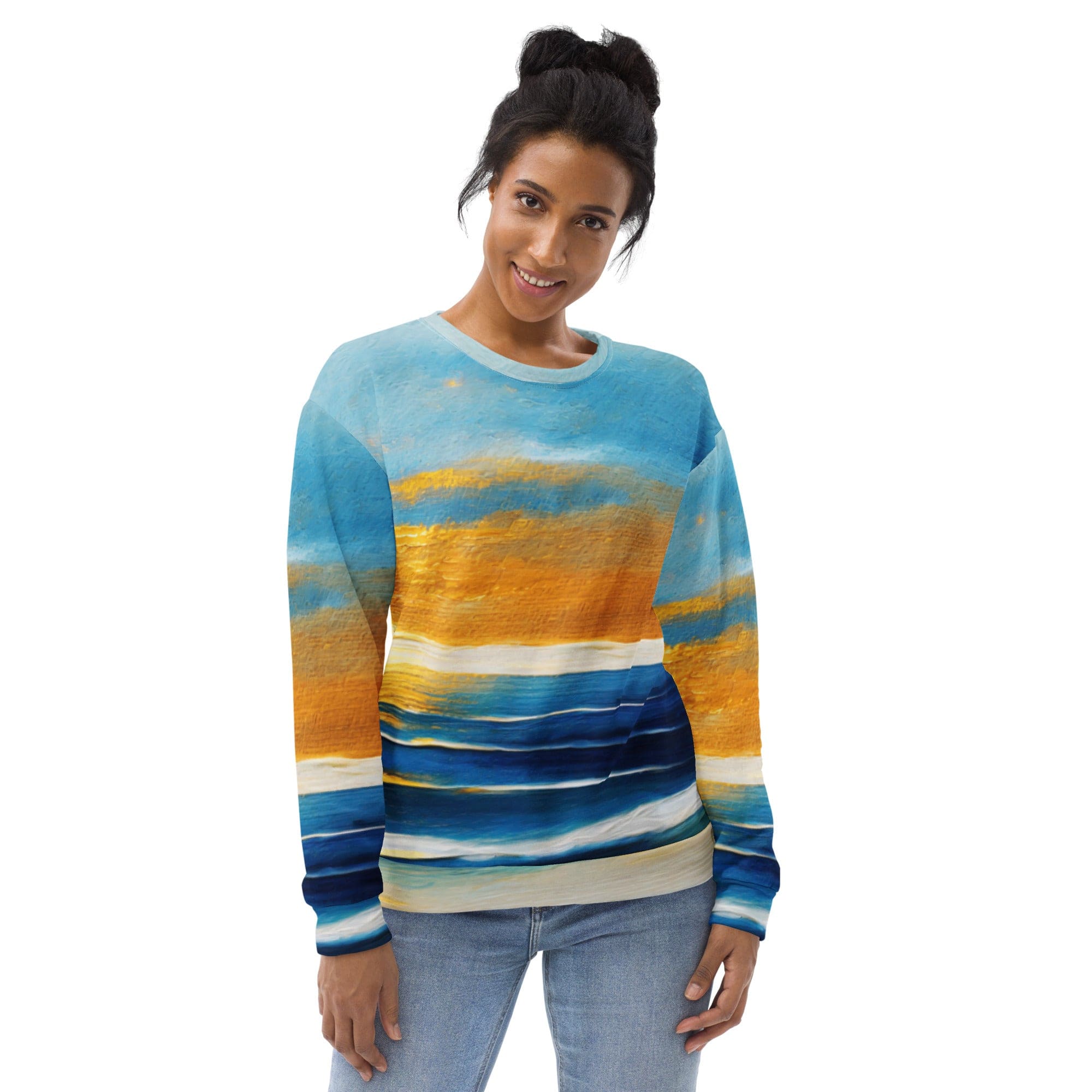 Graphic sweatshirt for women featuring a Blue Ocean Golden Sunset print, showcasing vibrant colors and a stylish design.