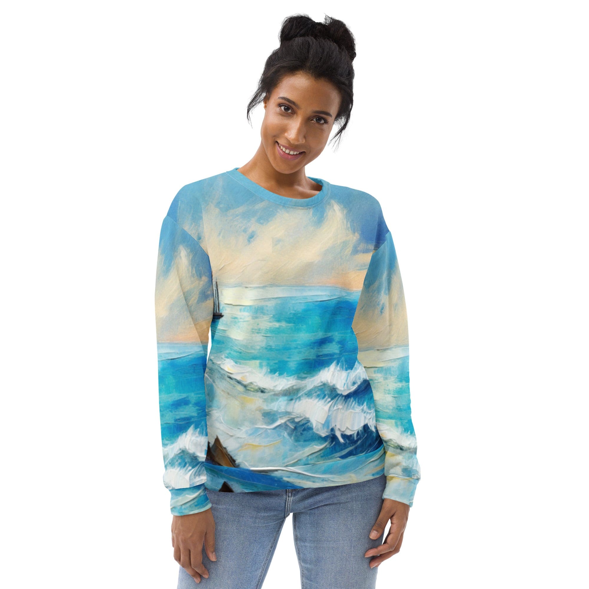 A stylish blue ocean print graphic sweatshirt for women, featuring a crew neck, long sleeves, and a front pouch pocket, perfect for casual wear.