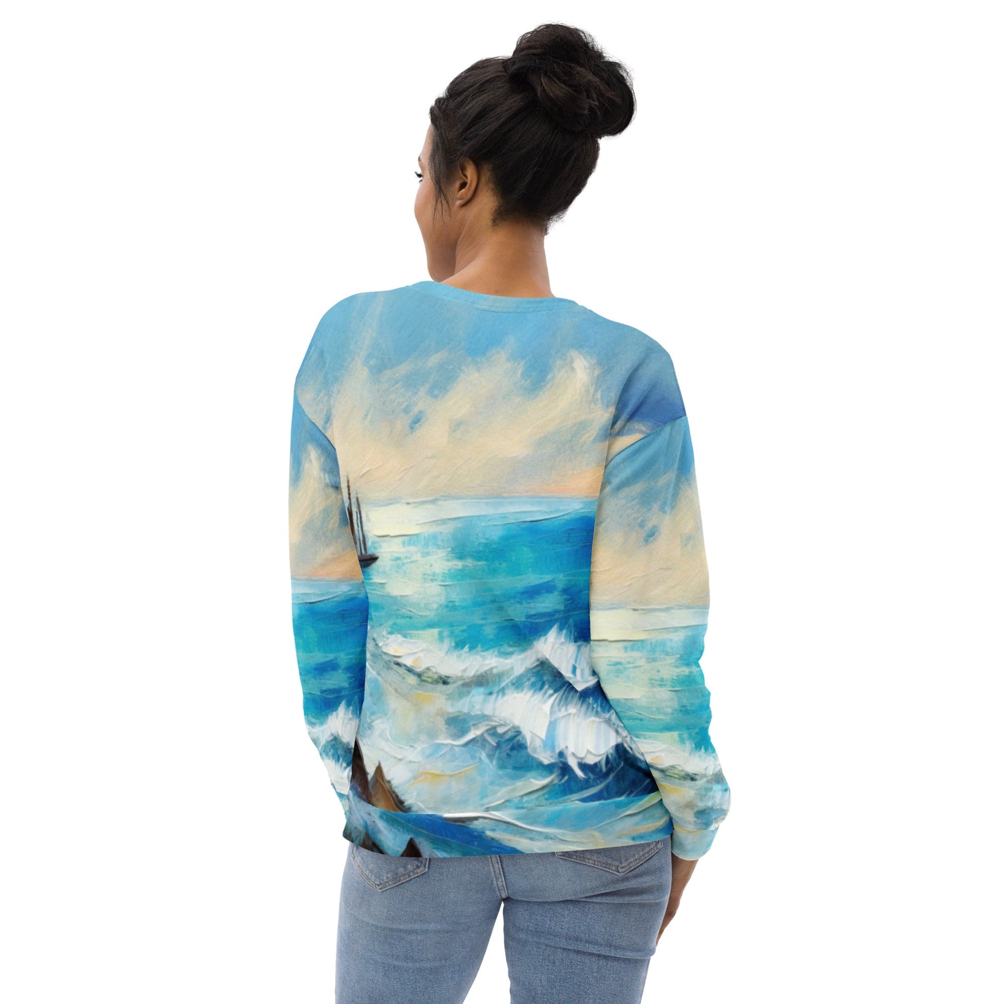 A stylish blue ocean print graphic sweatshirt for women, featuring a crew neck, long sleeves, and a front pouch pocket, perfect for casual wear.
