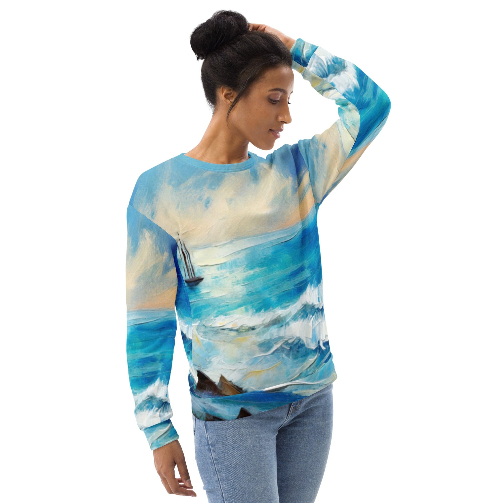 A stylish blue ocean print graphic sweatshirt for women, featuring a crew neck, long sleeves, and a front pouch pocket, perfect for casual wear.