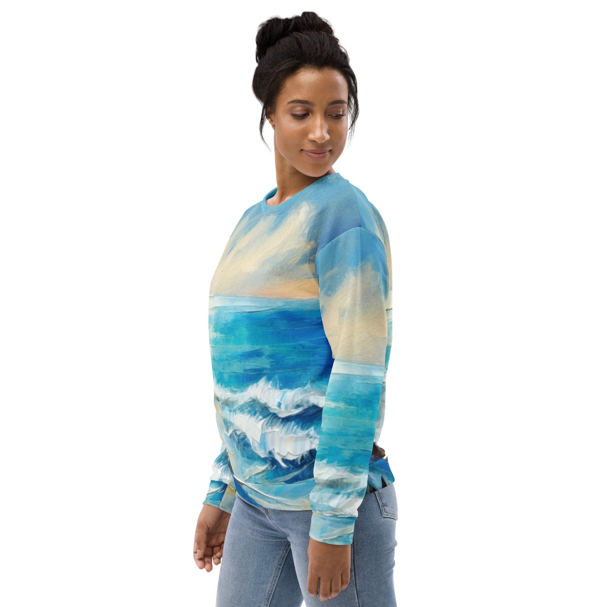 A stylish blue ocean print graphic sweatshirt for women, featuring a crew neck, long sleeves, and a front pouch pocket, perfect for casual wear.